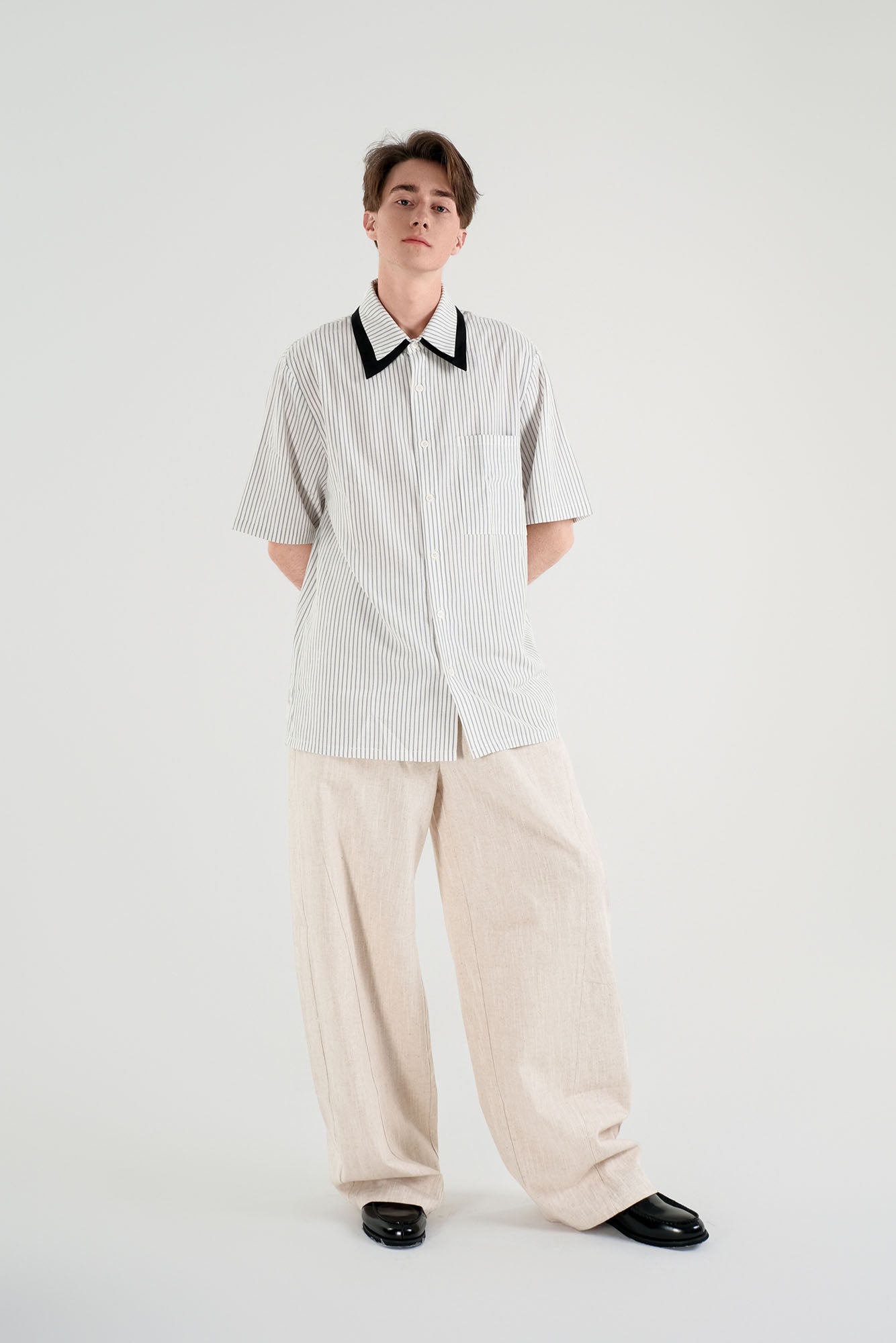 WIID Striped Contrast-Collar Tie-Neck Half Shirt, premium urban and streetwear designers apparel on PROJECTISR.com, WIID