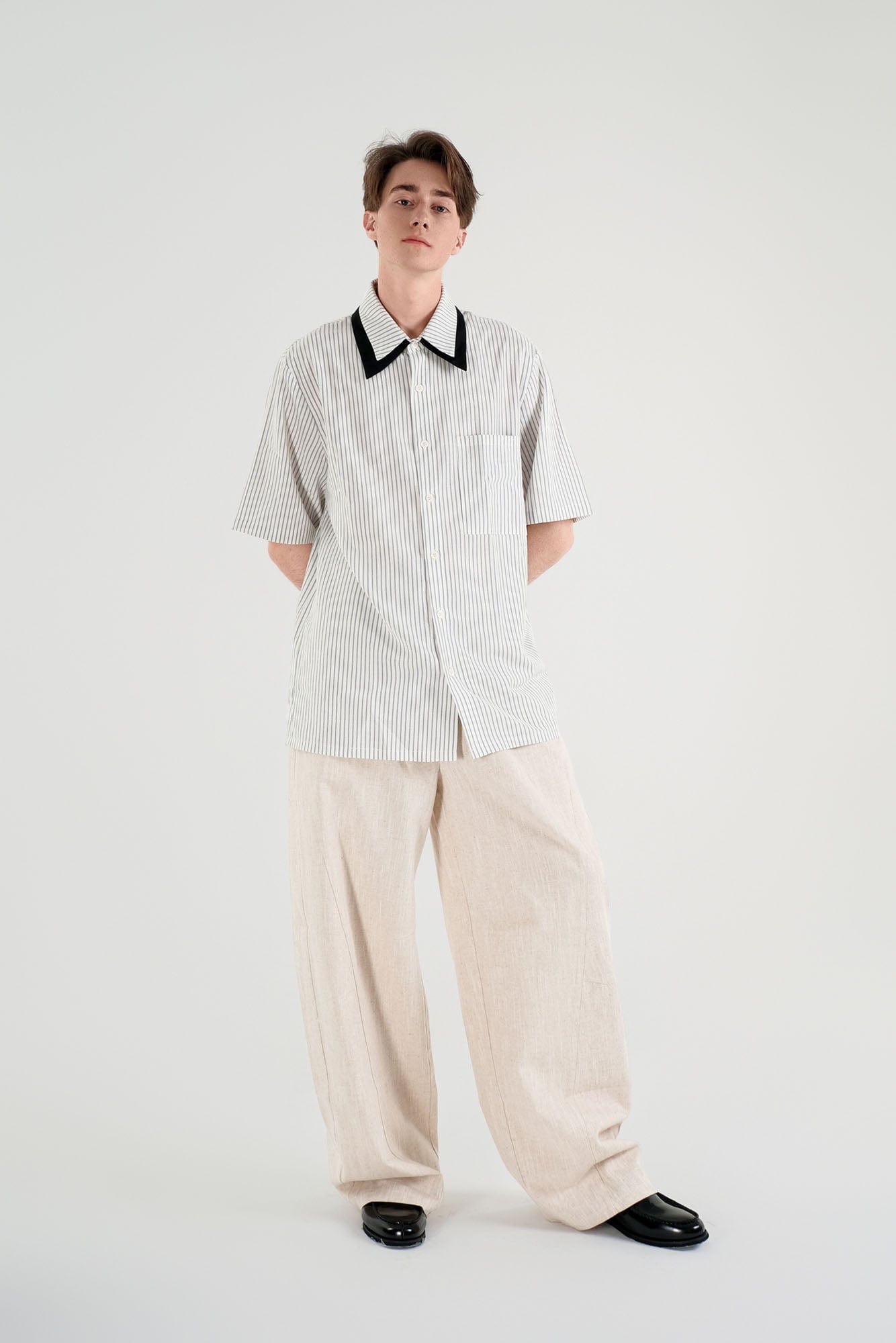 WIID Striped Contrast-Collar Tie-Neck Half Shirt, premium urban and streetwear designers apparel on PROJECTISR.com, WIID