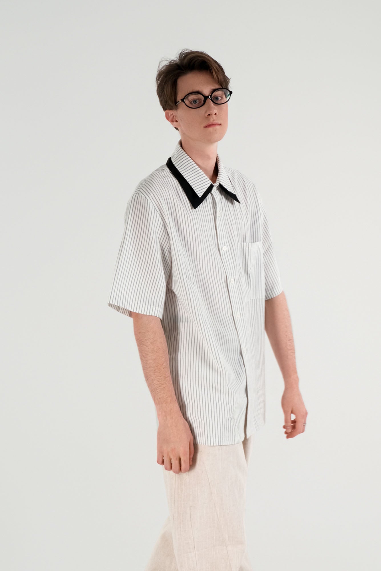 WIID Striped Contrast-Collar Tie-Neck Half Shirt, premium urban and streetwear designers apparel on PROJECTISR.com, WIID