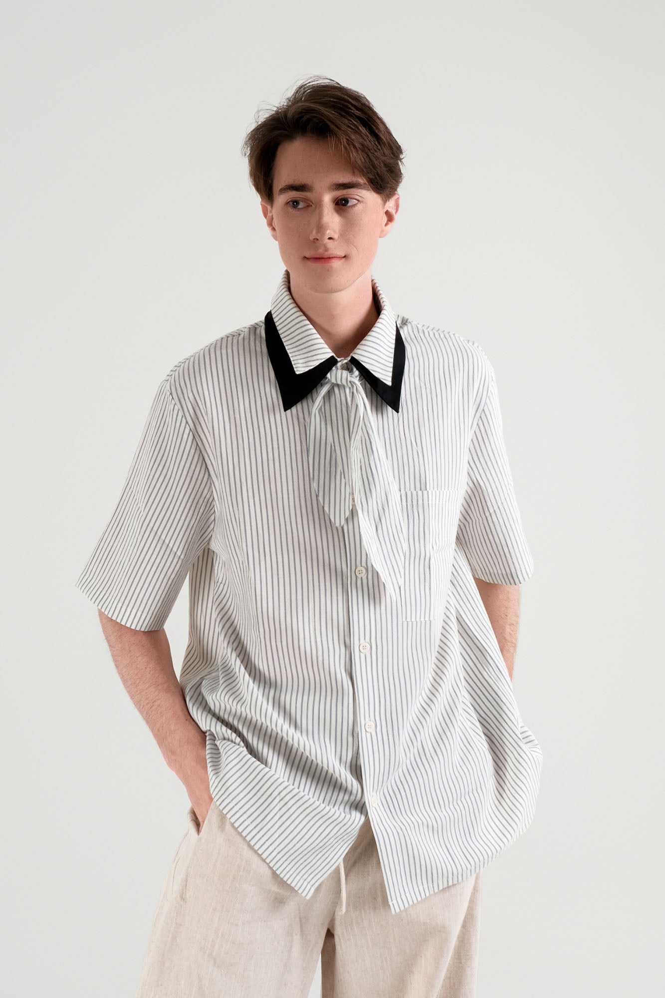 WIID Striped Contrast-Collar Tie-Neck Half Shirt, premium urban and streetwear designers apparel on PROJECTISR.com, WIID