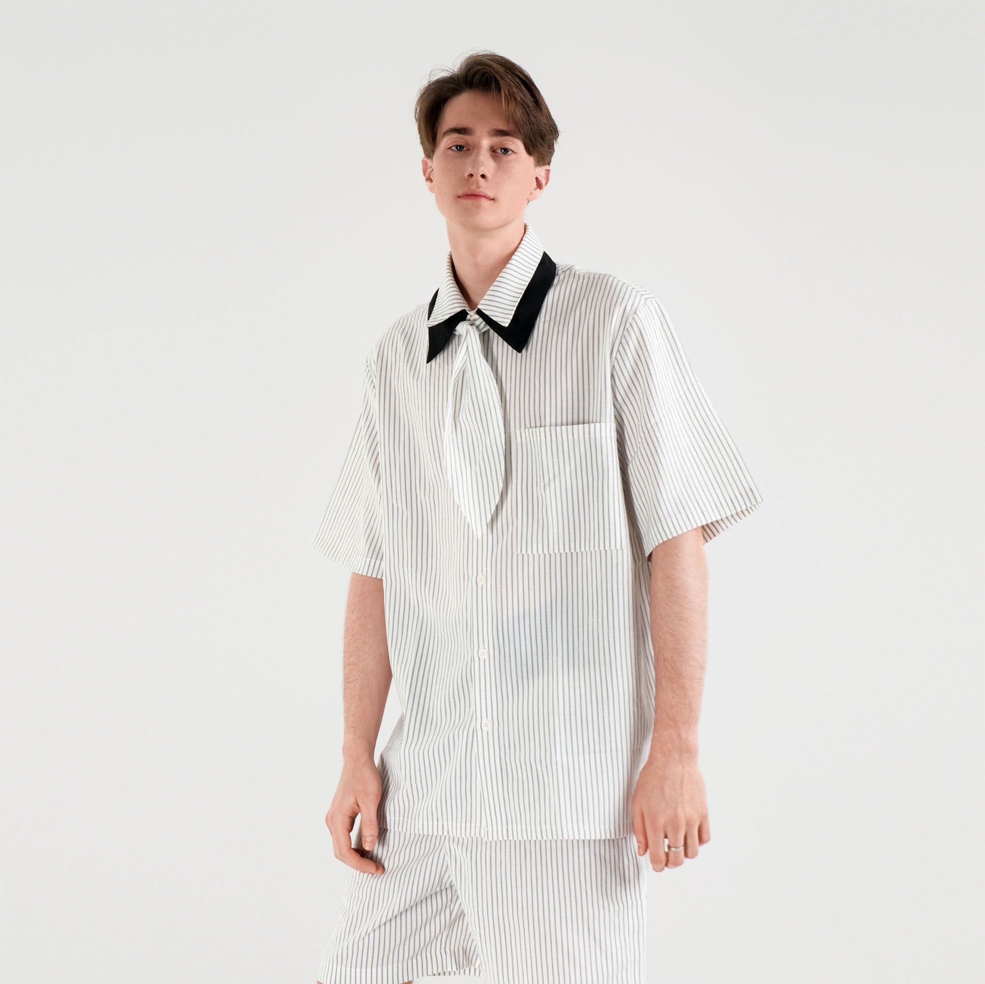 WIID Striped Contrast-Collar Tie-Neck Half Shirt, premium urban and streetwear designers apparel on PROJECTISR.com, WIID
