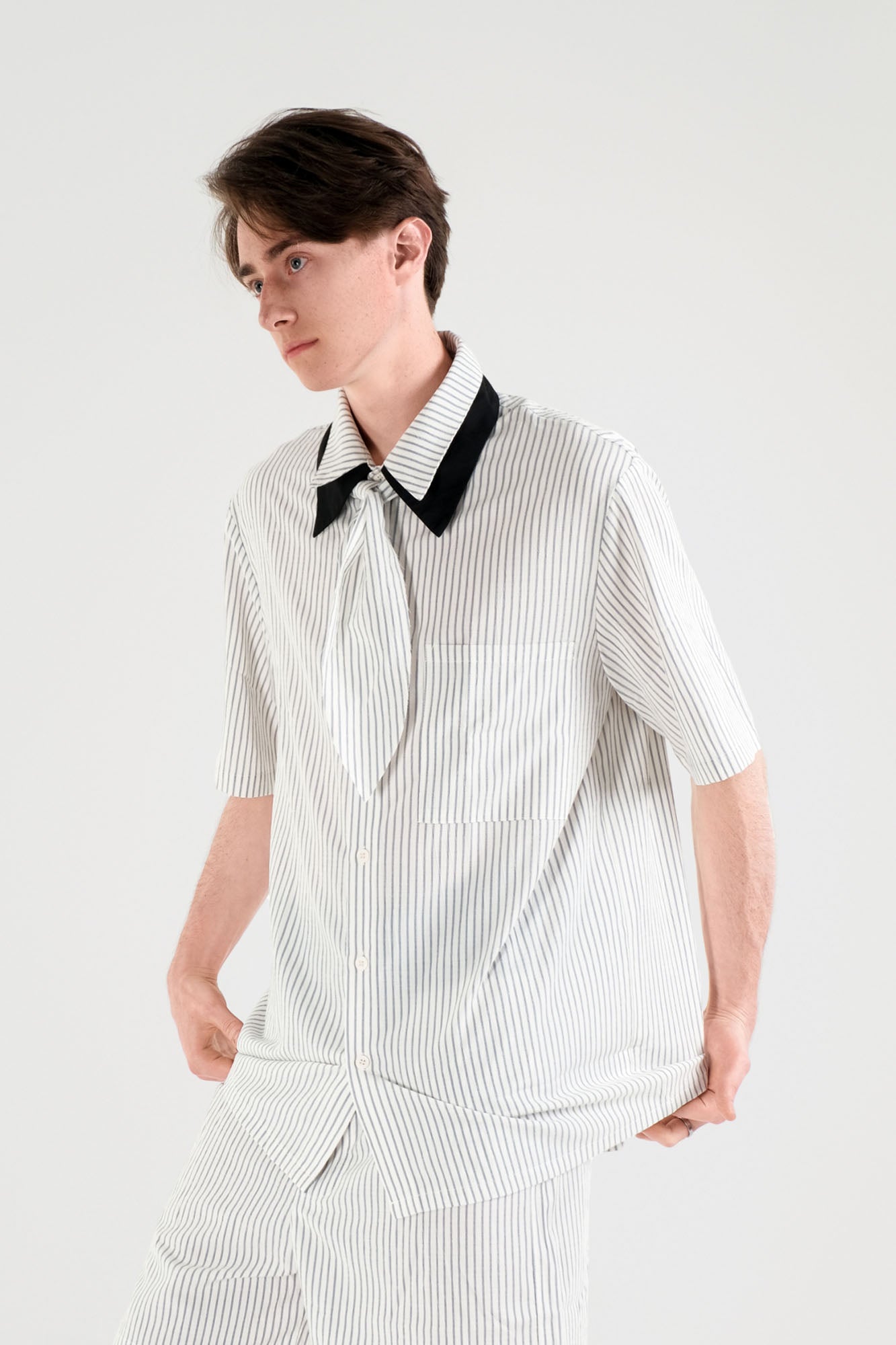 WIID Striped Contrast-Collar Tie-Neck Half Shirt, premium urban and streetwear designers apparel on PROJECTISR.com, WIID