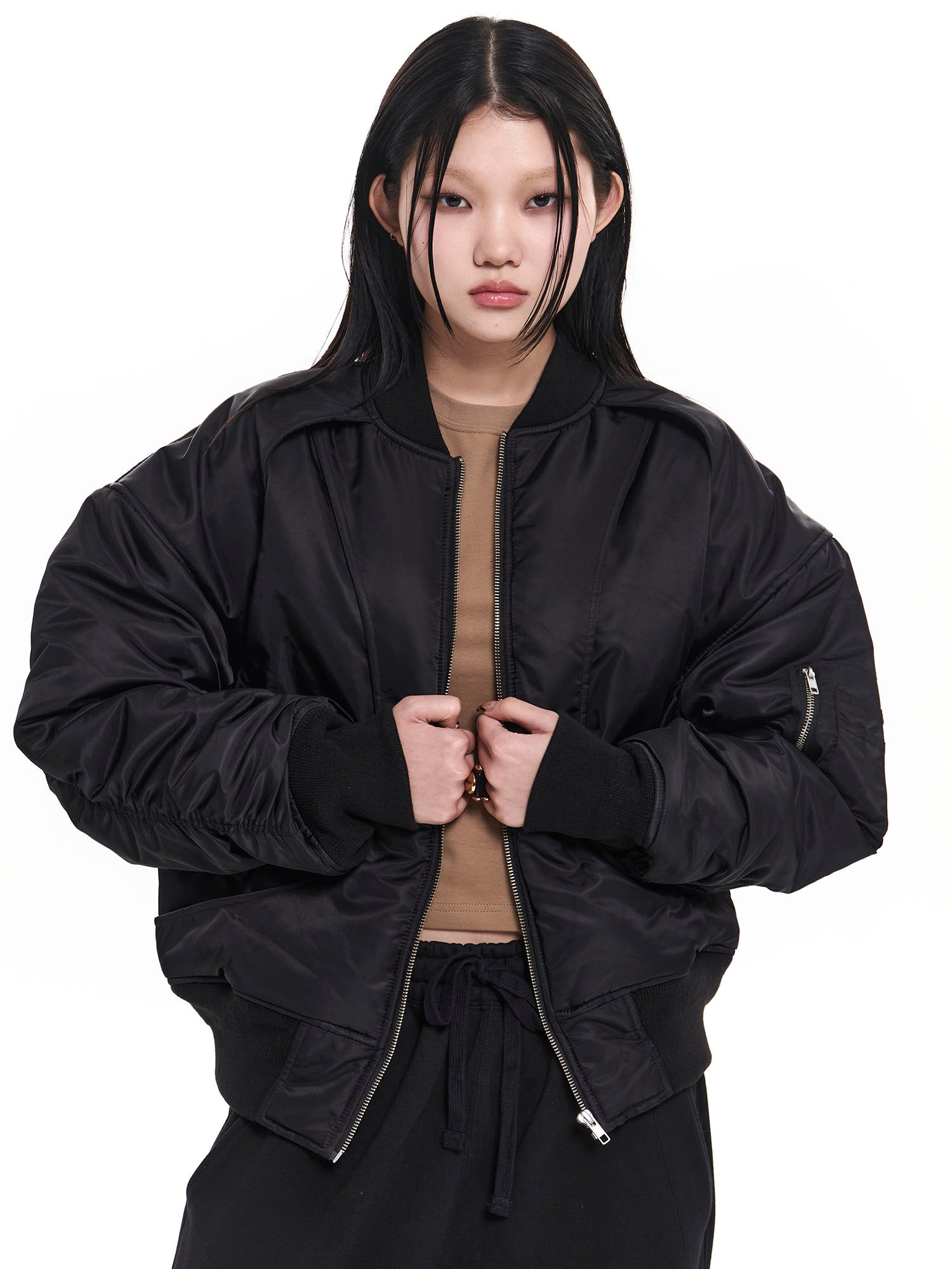 EGOFETCH Ruched Cropped Bomber Jacket