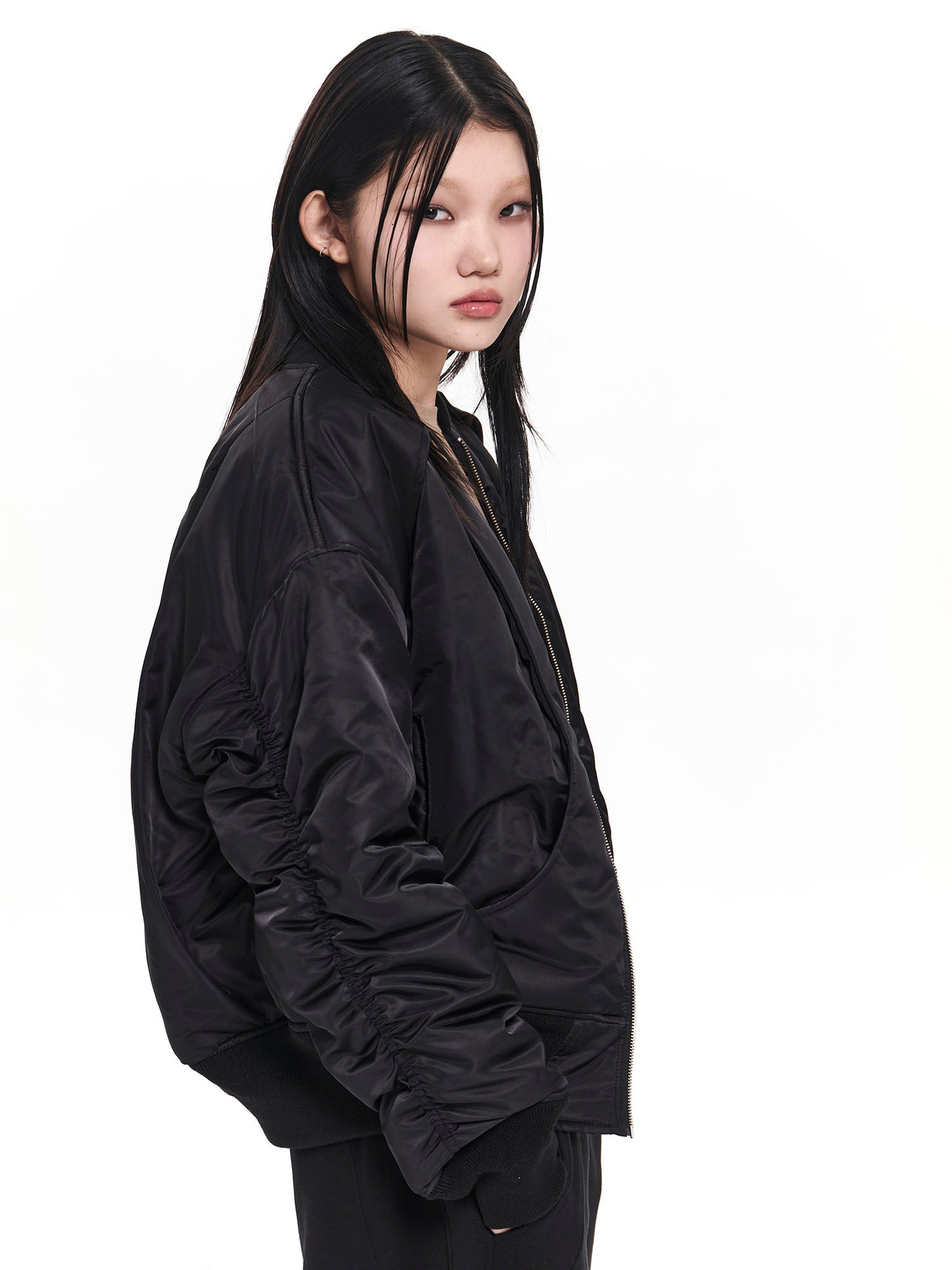 EGOFETCH Ruched Cropped Bomber Jacket