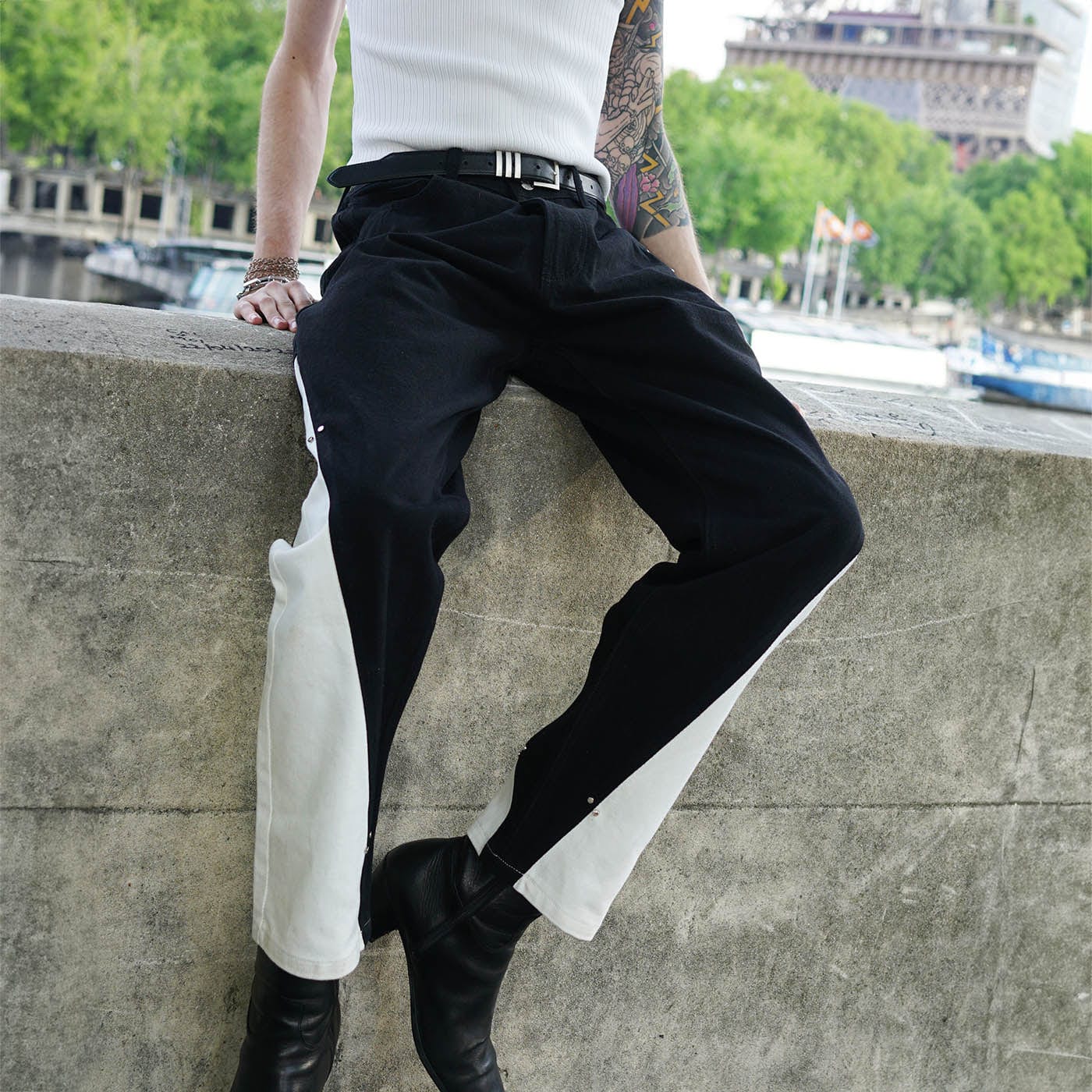 SOURPLUM Spliced Studded Straight Jeans, premium urban and streetwear designers apparel on PROJECTISR.com, SOURPLUM