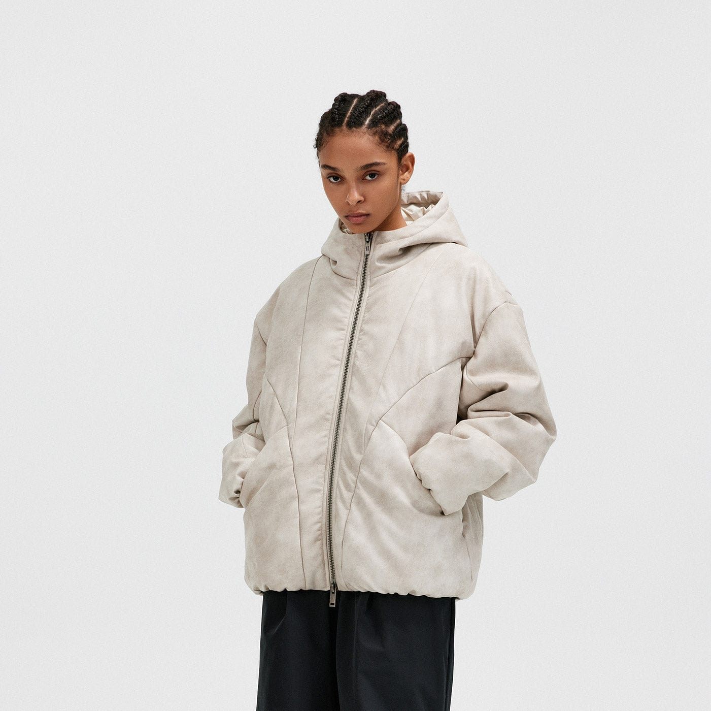 BONELESS Spliced Faux Leather Cotton Padded Jacket, premium urban and streetwear designers apparel on PROJECTISR.com, BONELESS