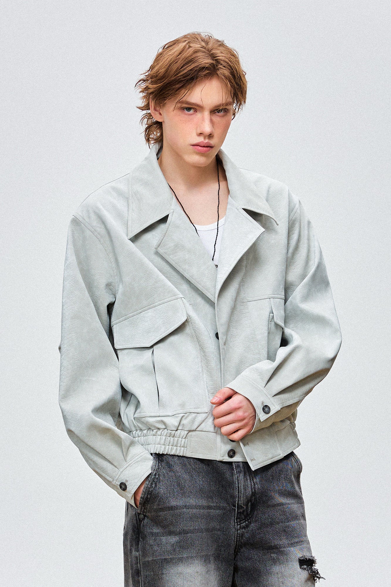 OIPWORD Croc-Embossed Cropped Faux Leather Jacket Blue, premium urban and streetwear designers apparel on PROJECTISR.com, OIPWORD