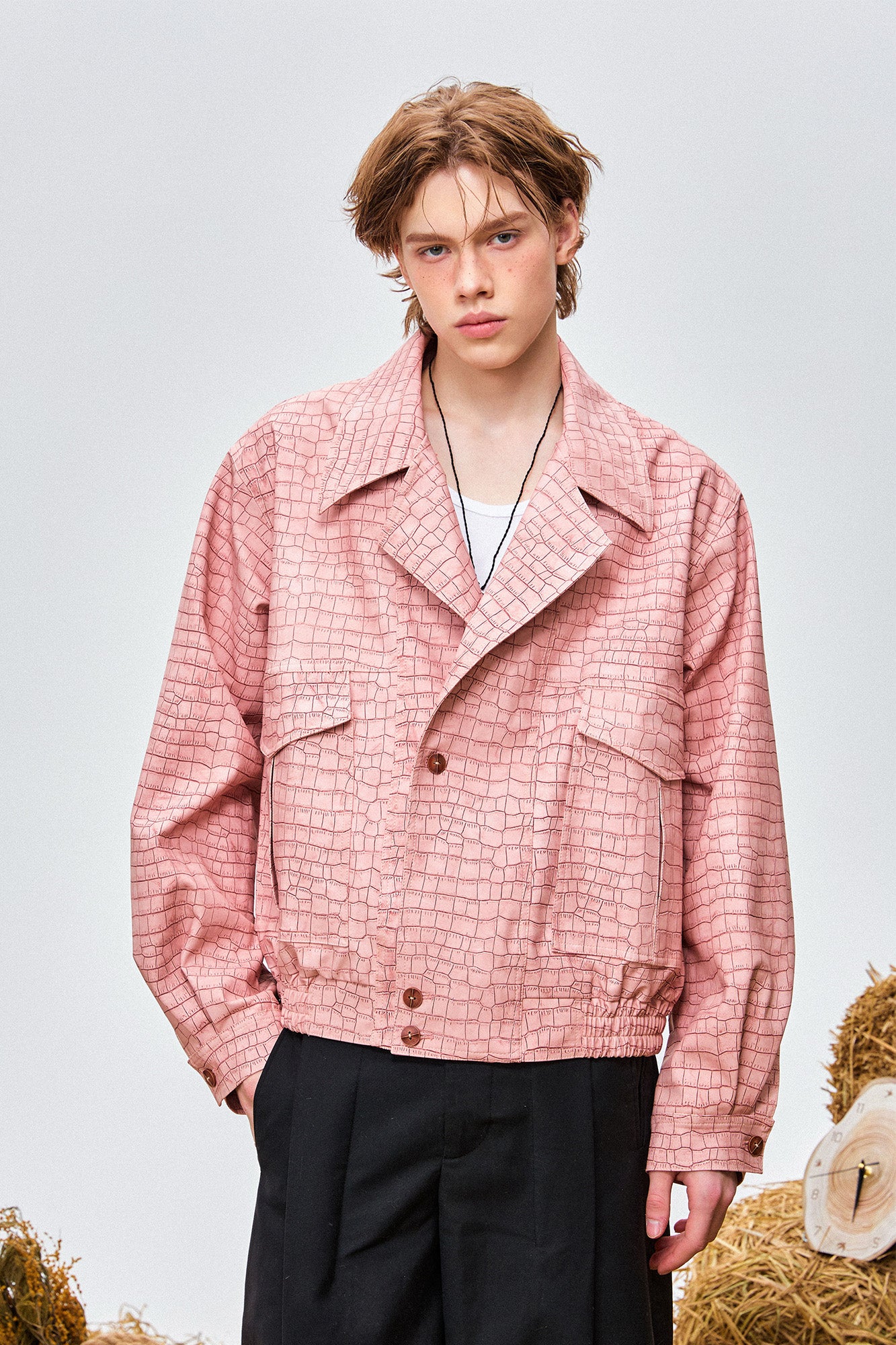 OIPWORD Croc-Embossed Cropped Faux Leather Jacket, premium urban and streetwear designers apparel on PROJECTISR.com, OIPWORD