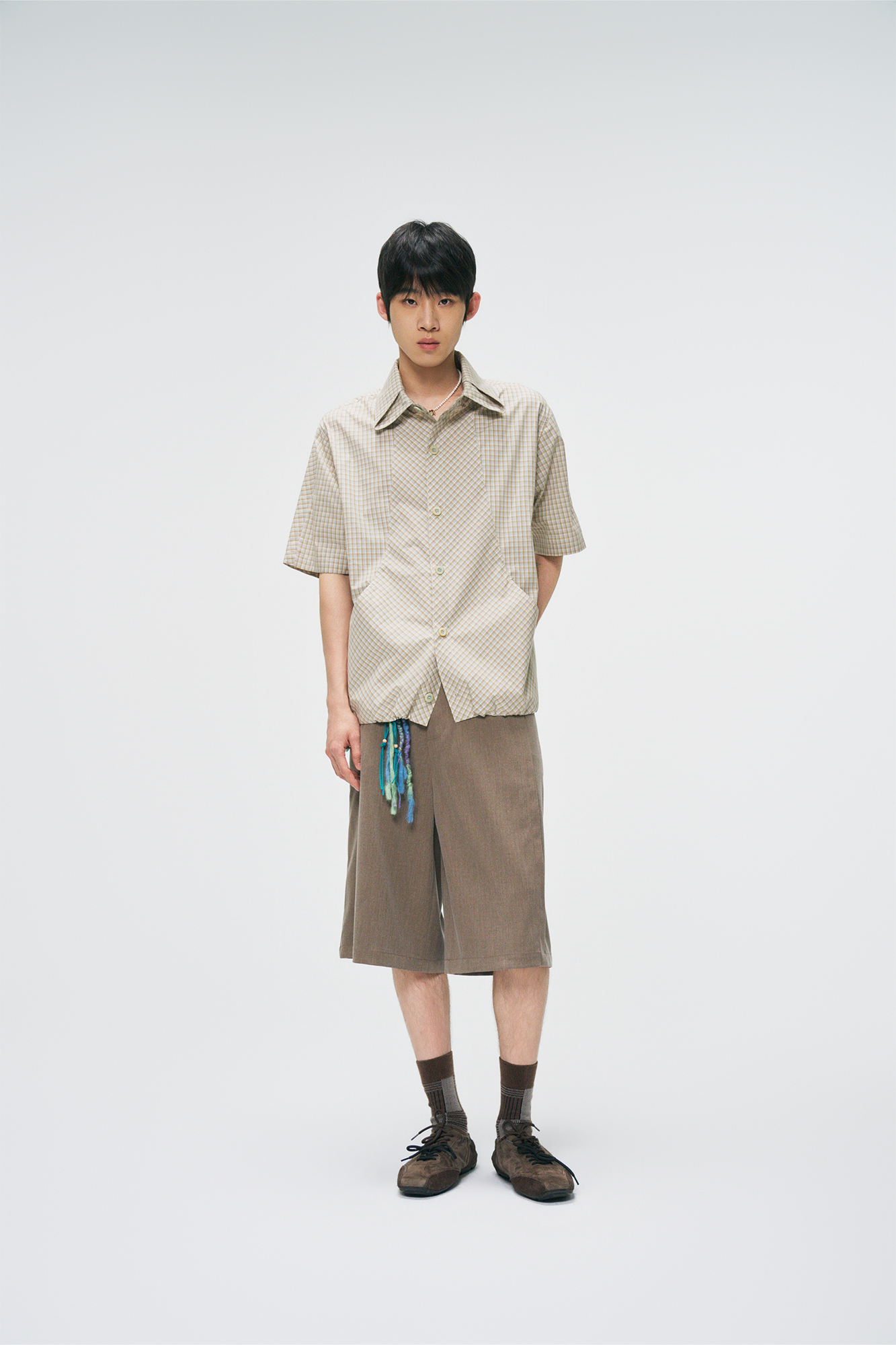 GONGHE REPUB Check Adjustable Hem Half Shirt, premium urban and streetwear designers apparel on PROJECTISR.com, GONGHE REPUB