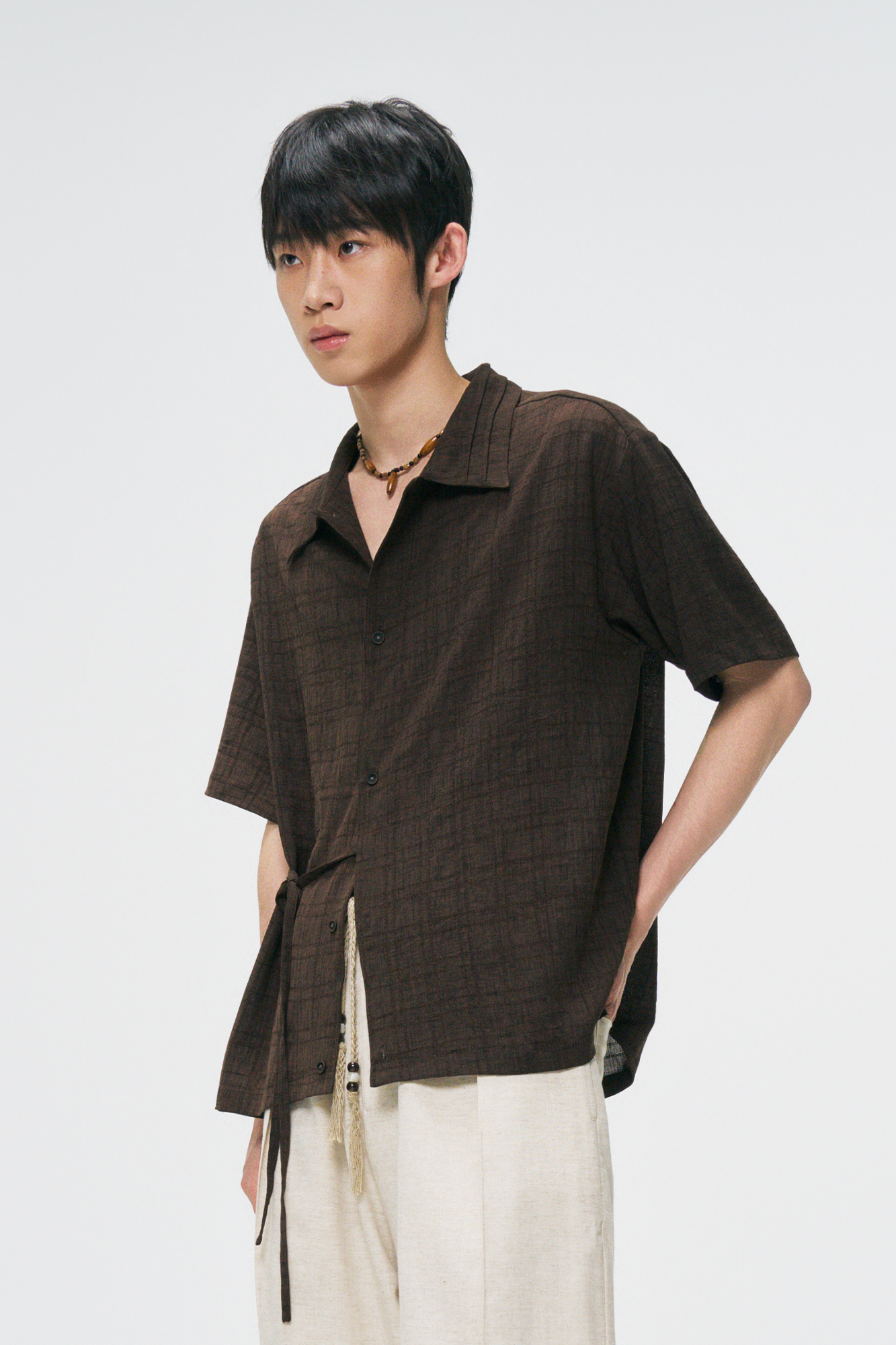 GONGHE REPUB Side-Tie Draped Half Shirt, premium urban and streetwear designers apparel on PROJECTISR.com, GONGHE REPUB