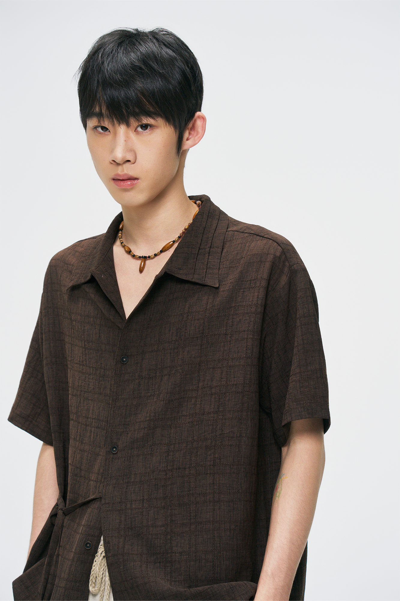 GONGHE REPUB Side-Tie Draped Half Shirt, premium urban and streetwear designers apparel on PROJECTISR.com, GONGHE REPUB