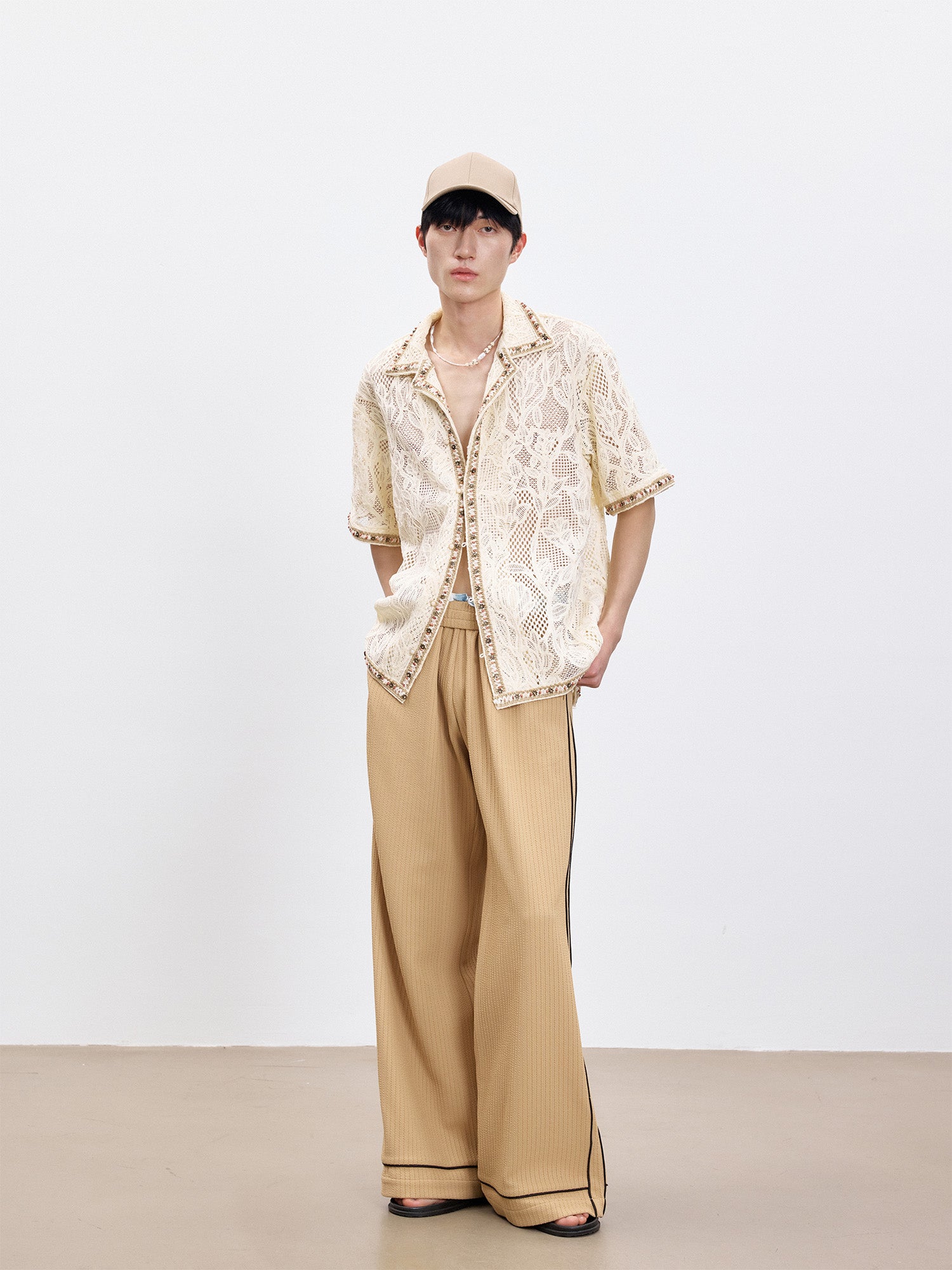 TUIMU Beaded Trim Open-Knit Jacquard Half Shirt, premium urban and streetwear designers apparel on PROJECTISR.com, TUIMU