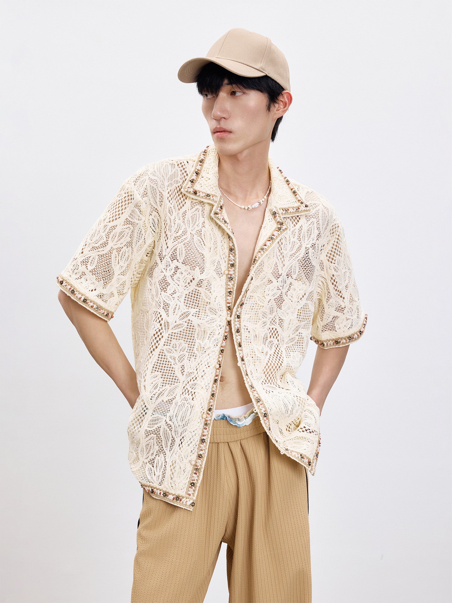 TUIMU Beaded Trim Open-Knit Jacquard Half Shirt, premium urban and streetwear designers apparel on PROJECTISR.com, TUIMU