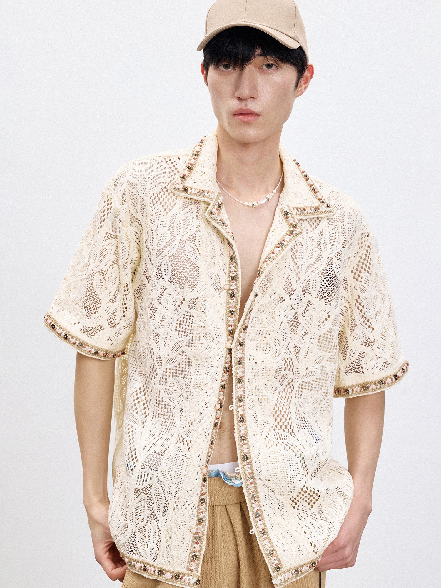 TUIMU Beaded Trim Open-Knit Jacquard Half Shirt, premium urban and streetwear designers apparel on PROJECTISR.com, TUIMU