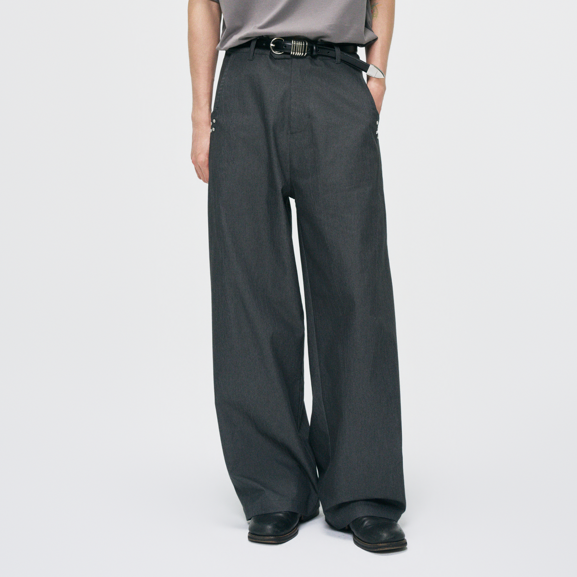 GONGHE REPUB Washed Studded Straight-Leg Pants, premium urban and streetwear designers apparel on PROJECTISR.com, GONGHE REPUB