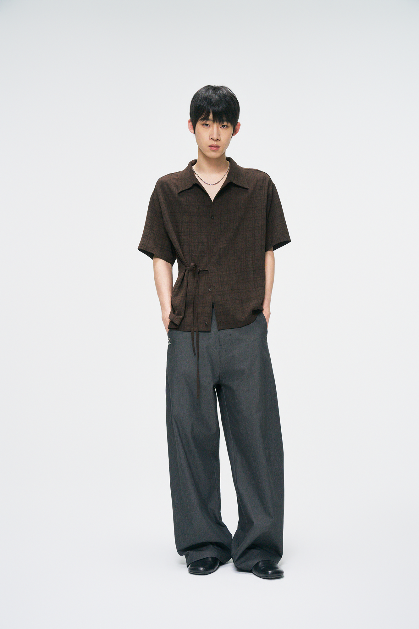 GONGHE REPUB Side-Tie Draped Half Shirt, premium urban and streetwear designers apparel on PROJECTISR.com, GONGHE REPUB