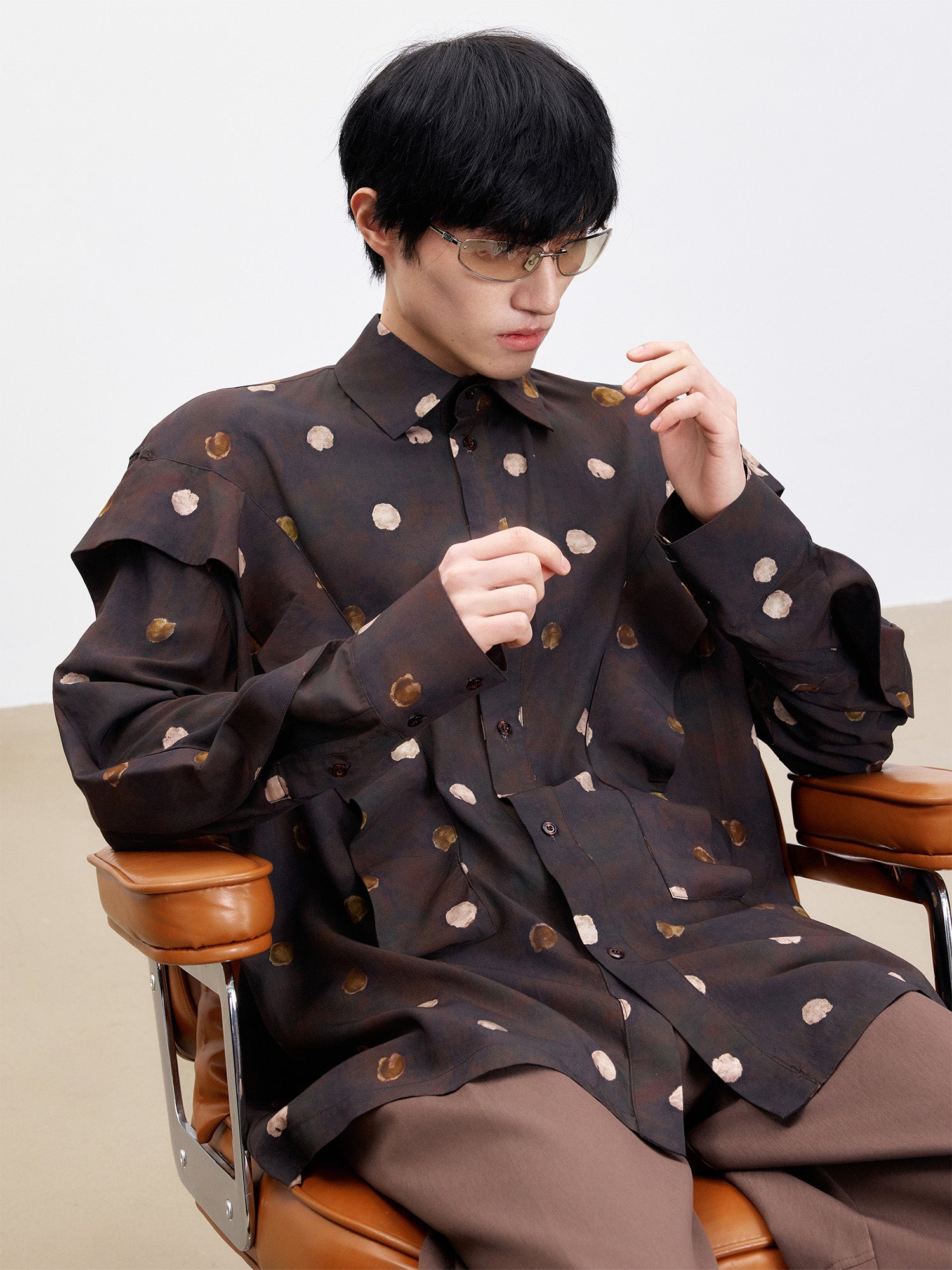 TUIMU Polka Dot Draped Panel Shirt, premium urban and streetwear designers apparel on PROJECTISR.com, TUIMU