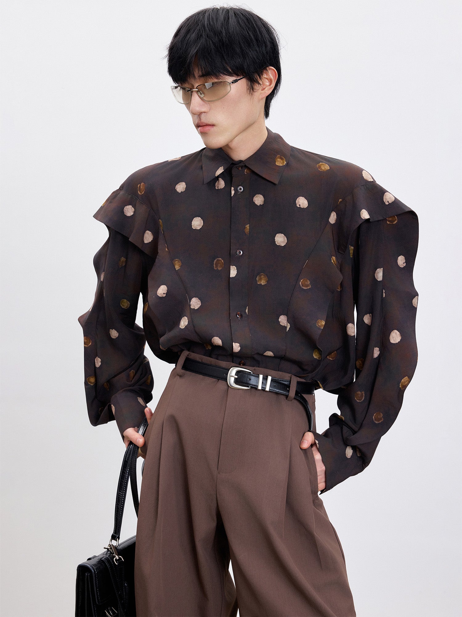 TUIMU Polka Dot Draped Panel Shirt, premium urban and streetwear designers apparel on PROJECTISR.com, TUIMU