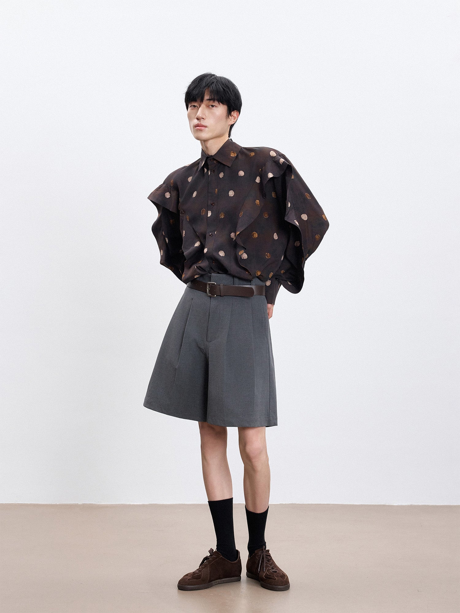 TUIMU Polka Dot Draped Panel Shirt, premium urban and streetwear designers apparel on PROJECTISR.com, TUIMU