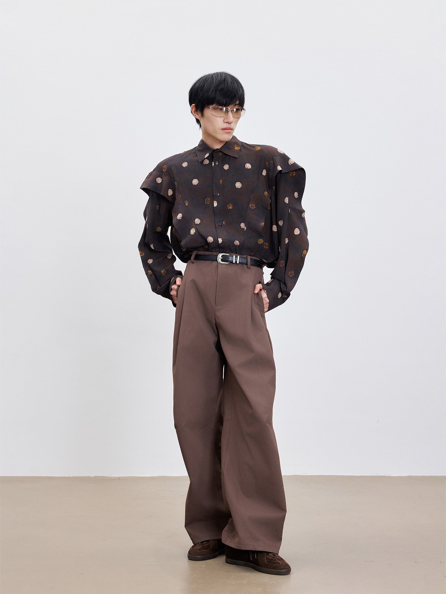 TUIMU Polka Dot Draped Panel Shirt, premium urban and streetwear designers apparel on PROJECTISR.com, TUIMU