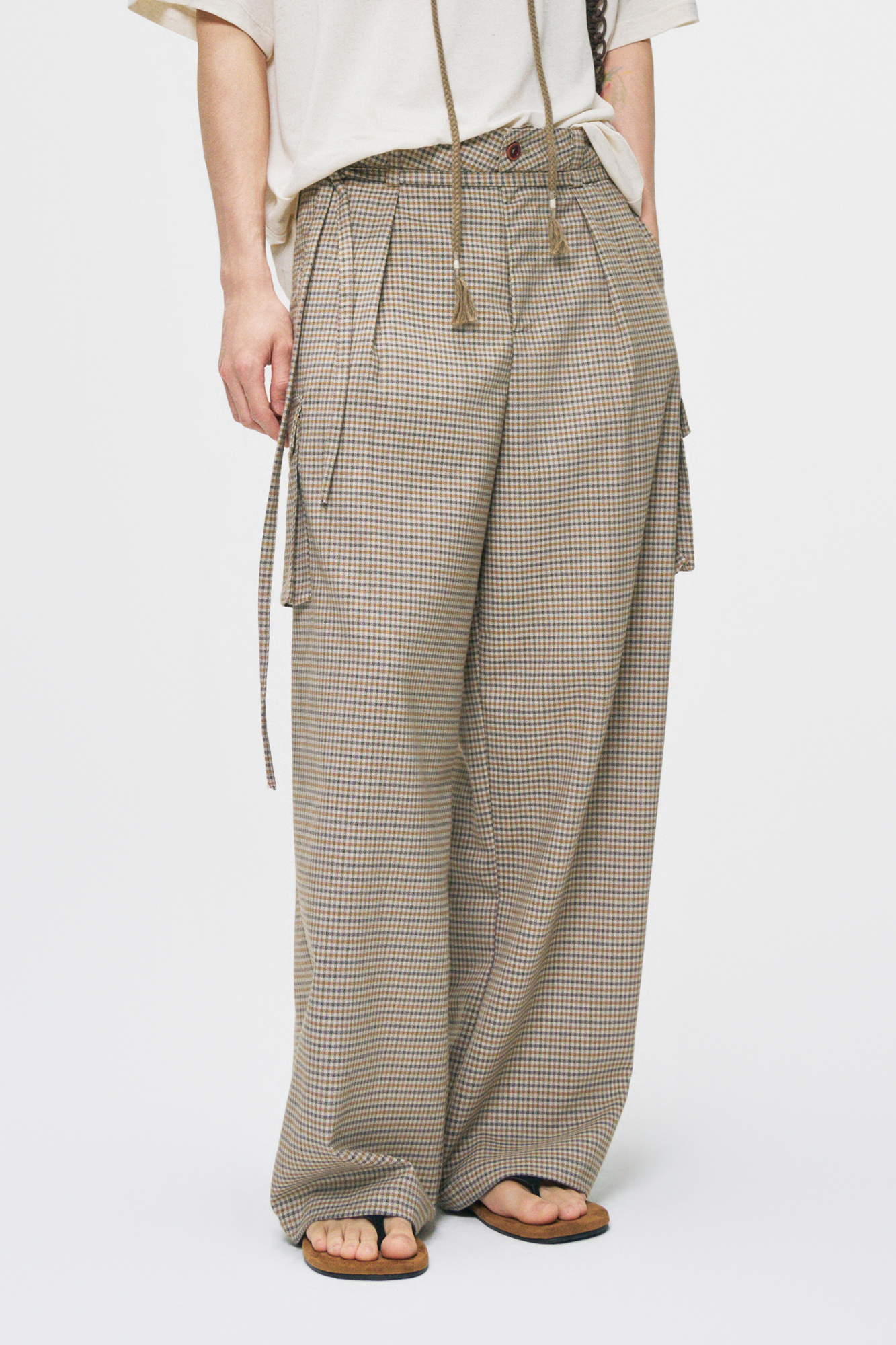 GONGHE REPUB Houndstooth Double-Pleated Tie-Waist Pants