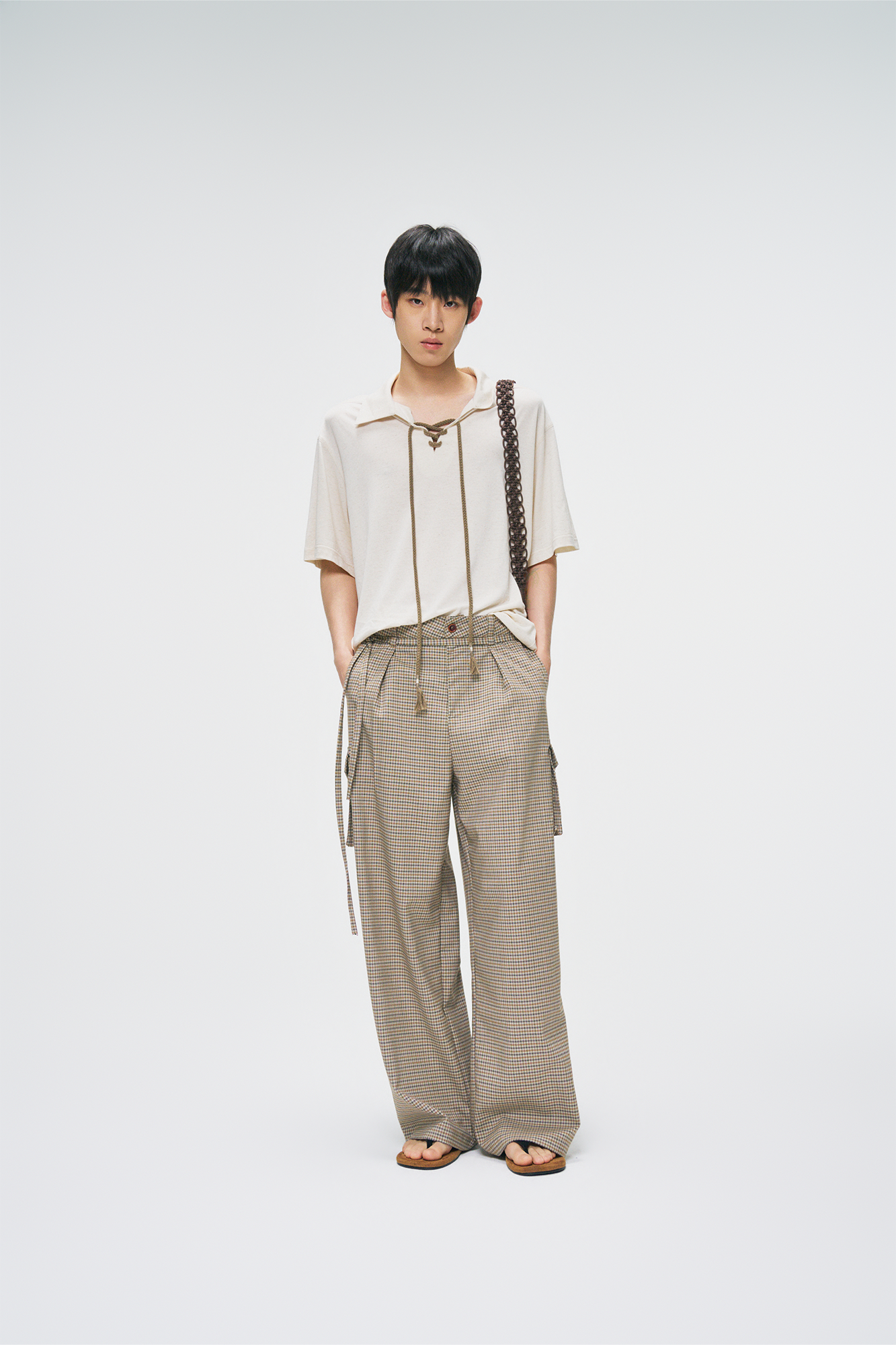 GONGHE REPUB Houndstooth Double-Pleated Tie-Waist Pants
