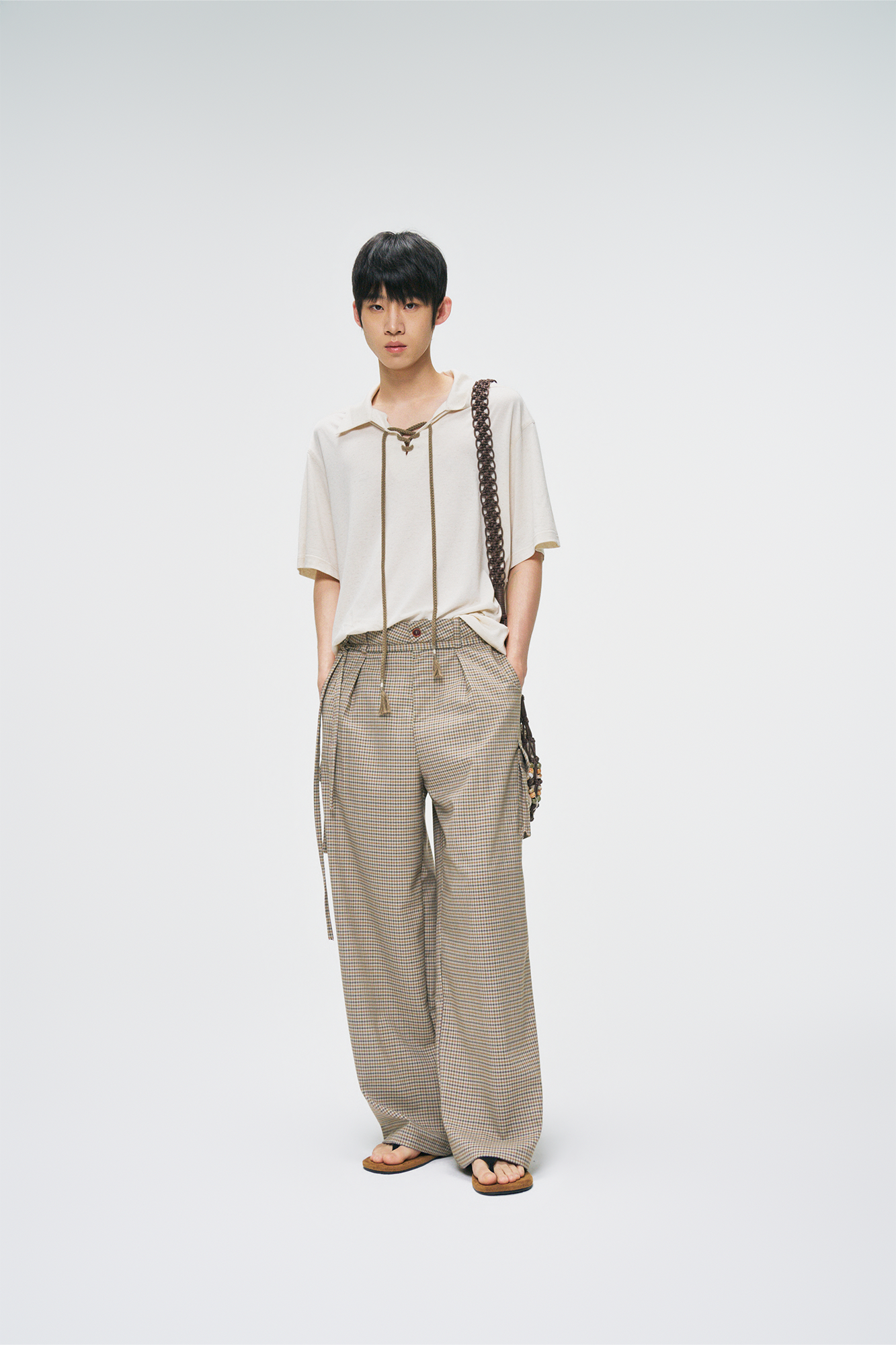GONGHE REPUB Houndstooth Double-Pleated Tie-Waist Pants
