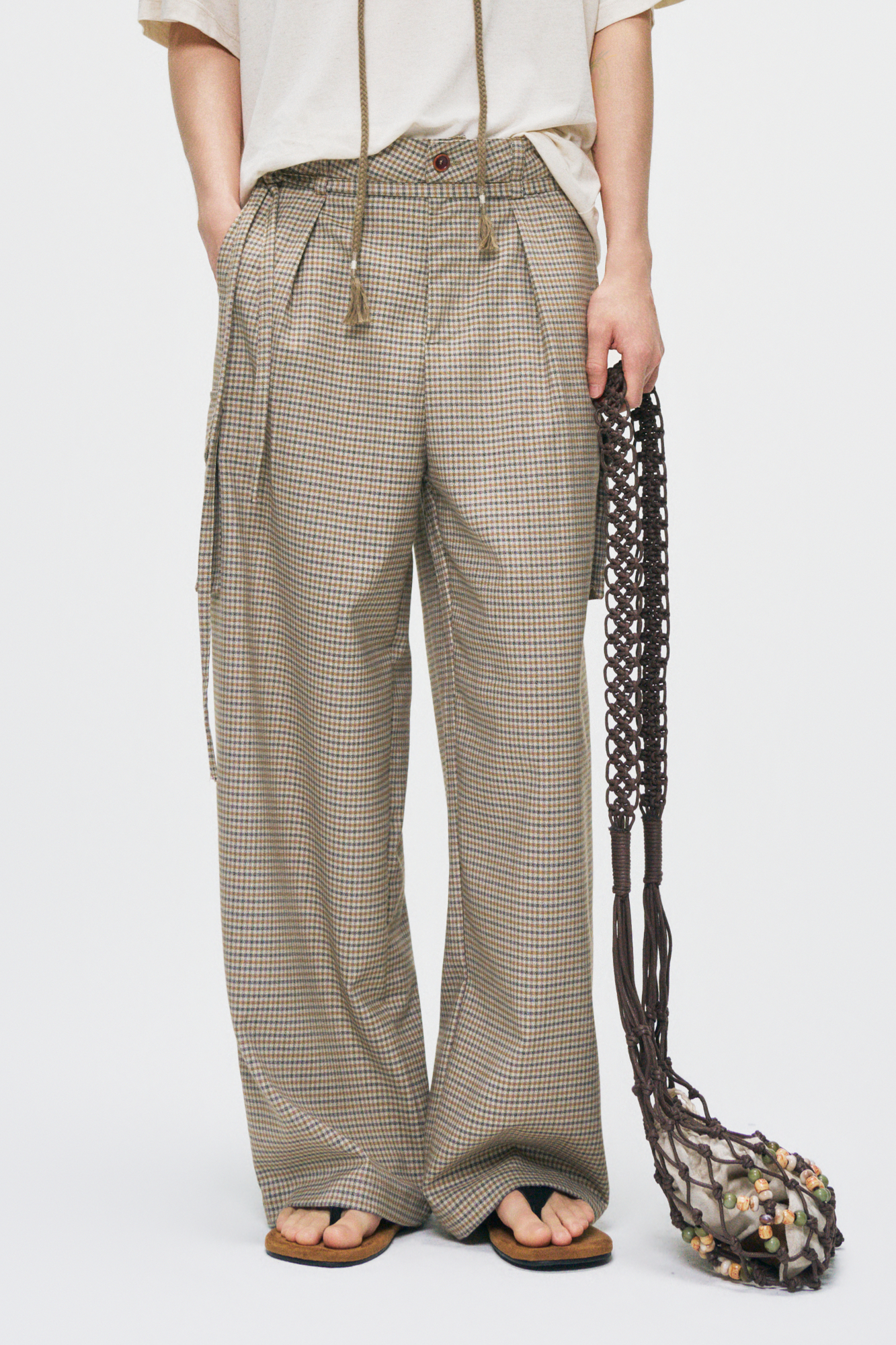 GONGHE REPUB Houndstooth Double-Pleated Tie-Waist Pants