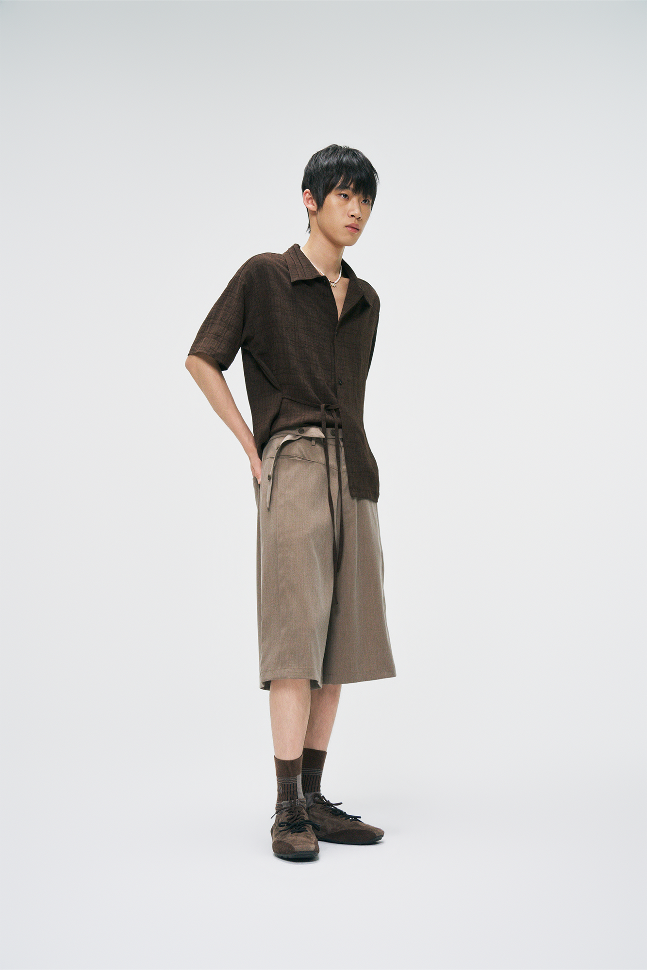 GONGHE REPUB Side-Tie Draped Half Shirt, premium urban and streetwear designers apparel on PROJECTISR.com, GONGHE REPUB
