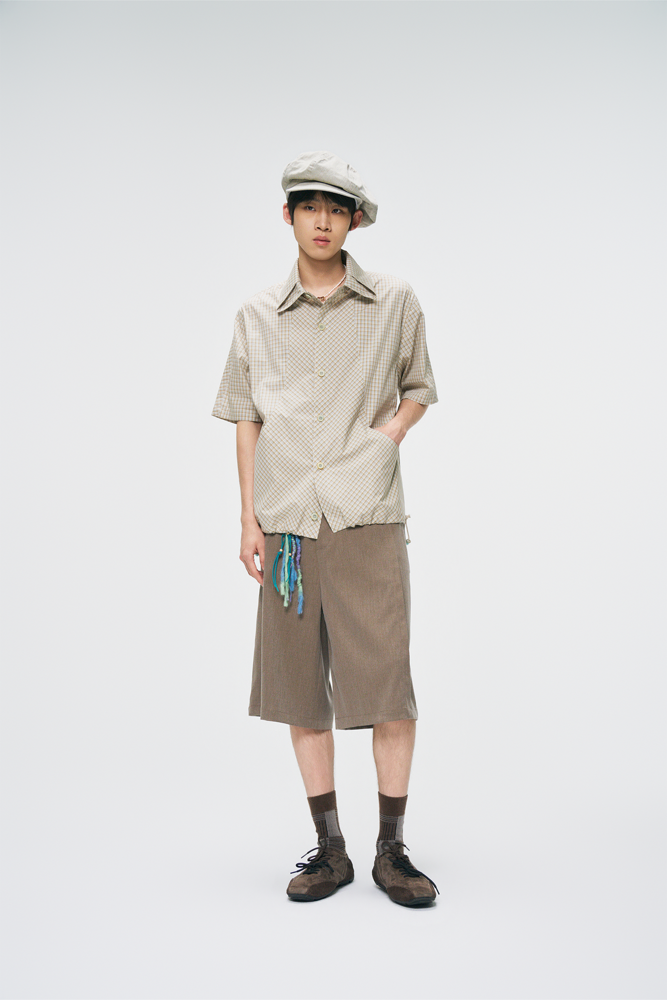 GONGHE REPUB Check Adjustable Hem Half Shirt, premium urban and streetwear designers apparel on PROJECTISR.com, GONGHE REPUB