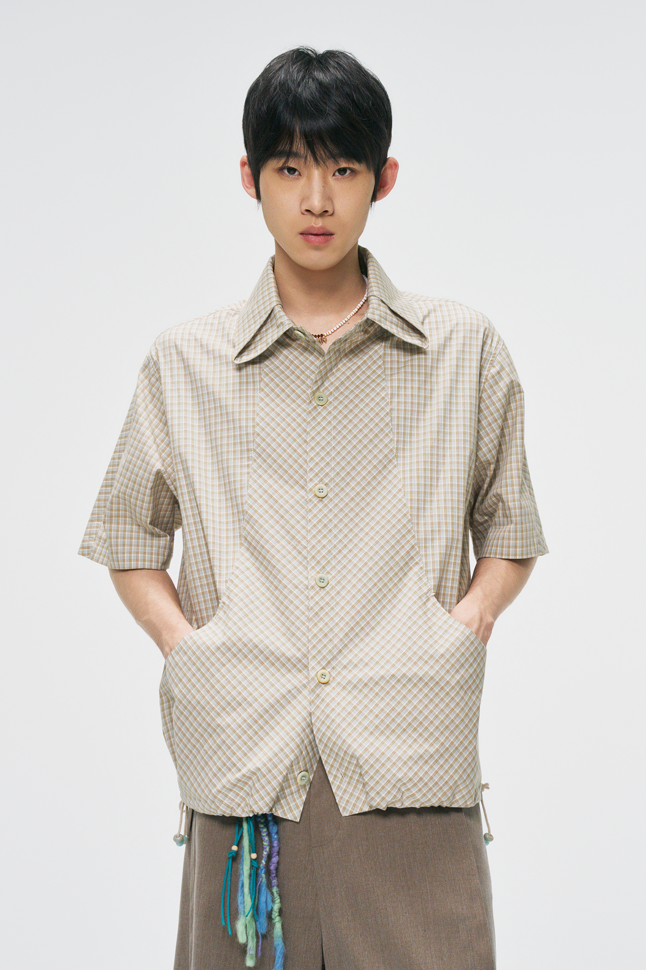 GONGHE REPUB Check Adjustable Hem Half Shirt, premium urban and streetwear designers apparel on PROJECTISR.com, GONGHE REPUB