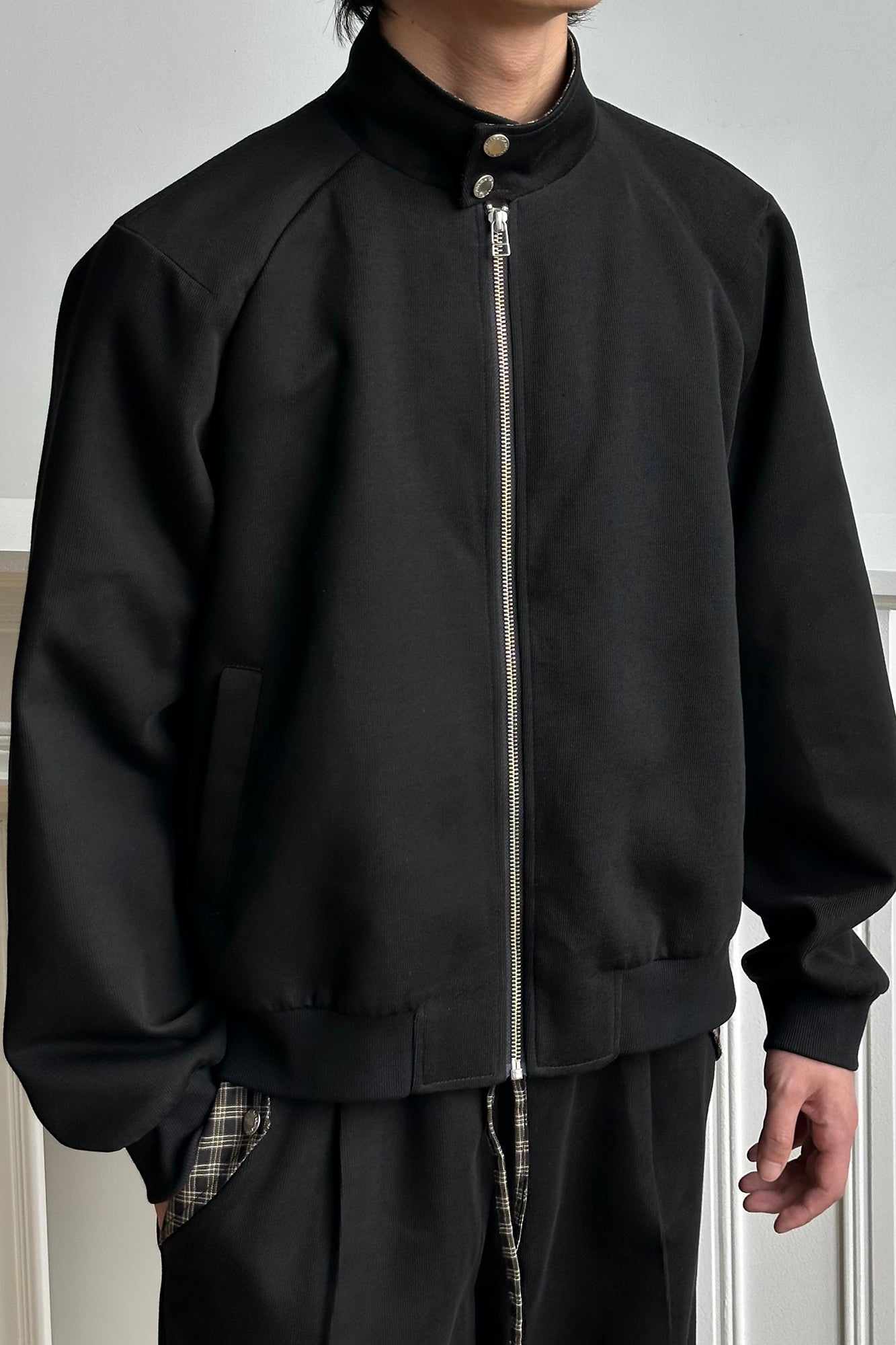OKAYTHXBYE Checker-Lined Harrington Jacket, premium urban and streetwear designers apparel on PROJECTISR.com, OKAYTHXBYE