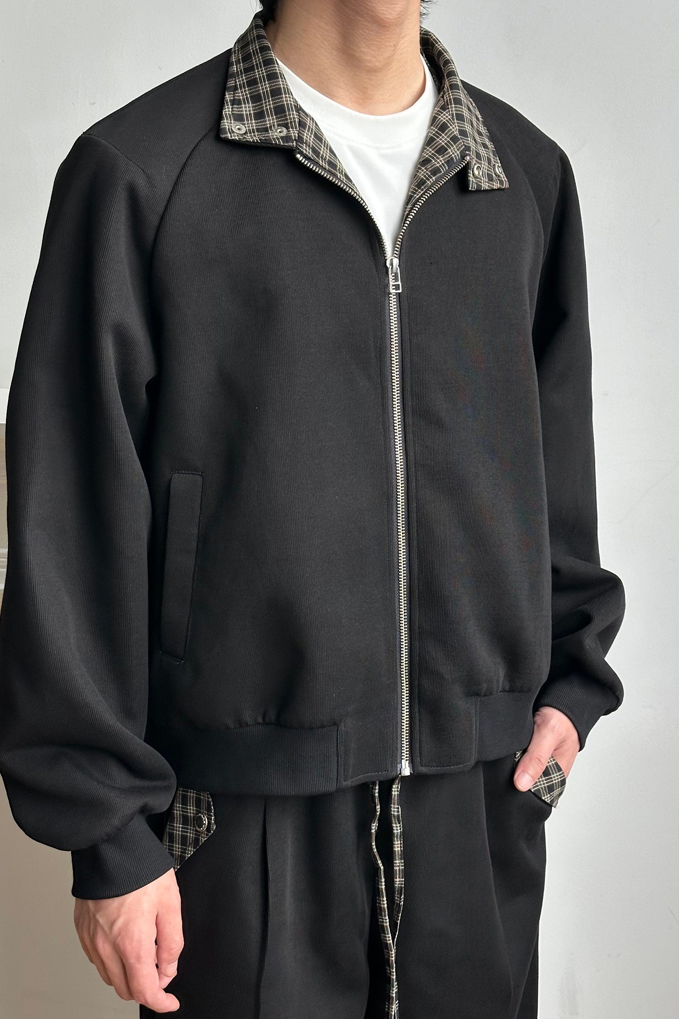 OKAYTHXBYE Checker-Lined Harrington Jacket, premium urban and streetwear designers apparel on PROJECTISR.com, OKAYTHXBYE