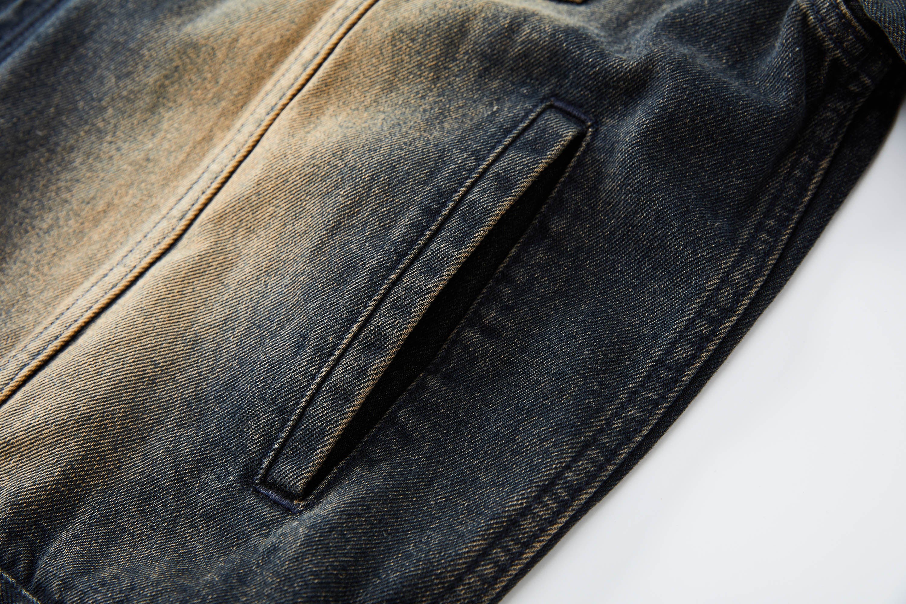 ORGANIC EMOTION Faded Spliced Pocket Denim Jacket, premium urban and streetwear designers apparel on PROJECTISR.com, ORGANIC EMOTION