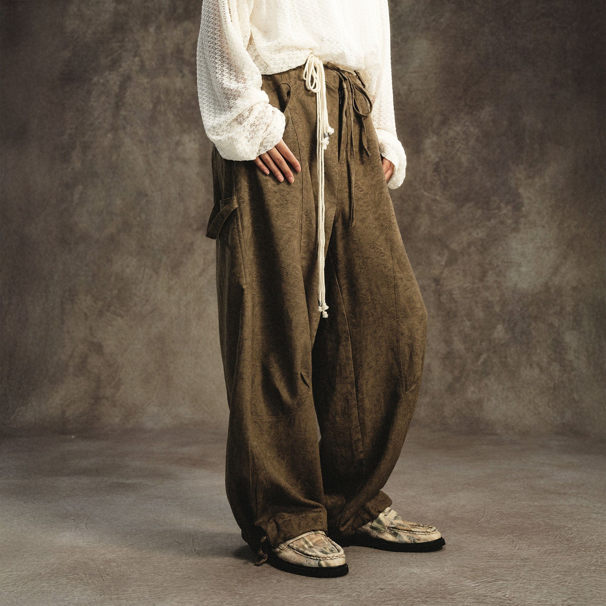GONGHE REPUB Acanthus Linen Drawstring Pleated Wide-Leg Trousers, premium urban and streetwear designers apparel on PROJECTISR.com, GONGHE REPUB
