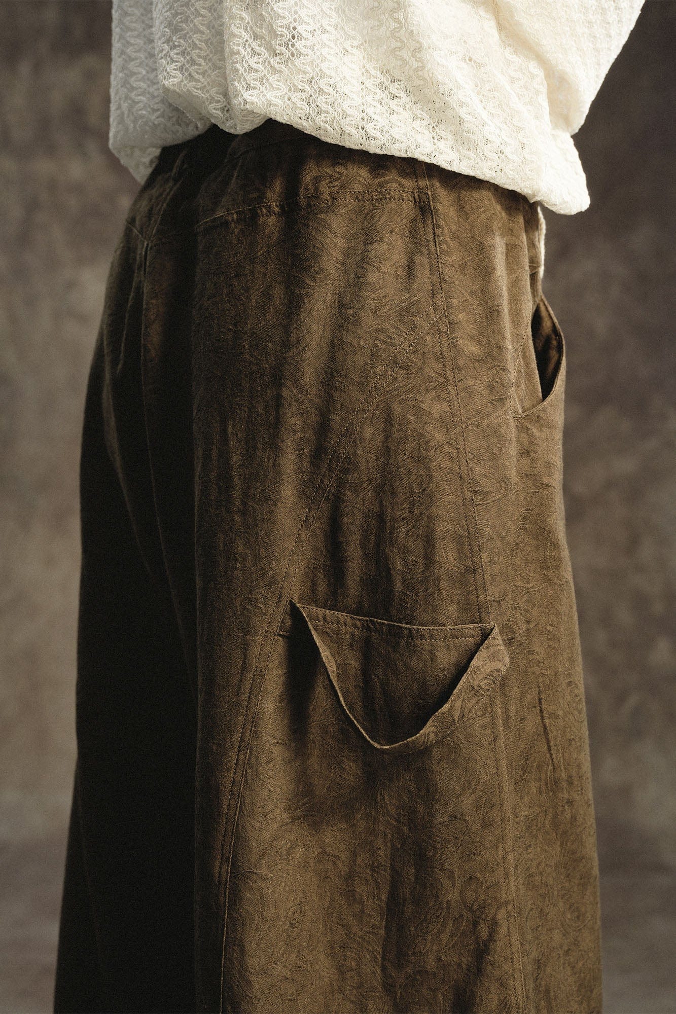 GONGHE REPUB Acanthus Linen Drawstring Pleated Wide-Leg Trousers, premium urban and streetwear designers apparel on PROJECTISR.com, GONGHE REPUB