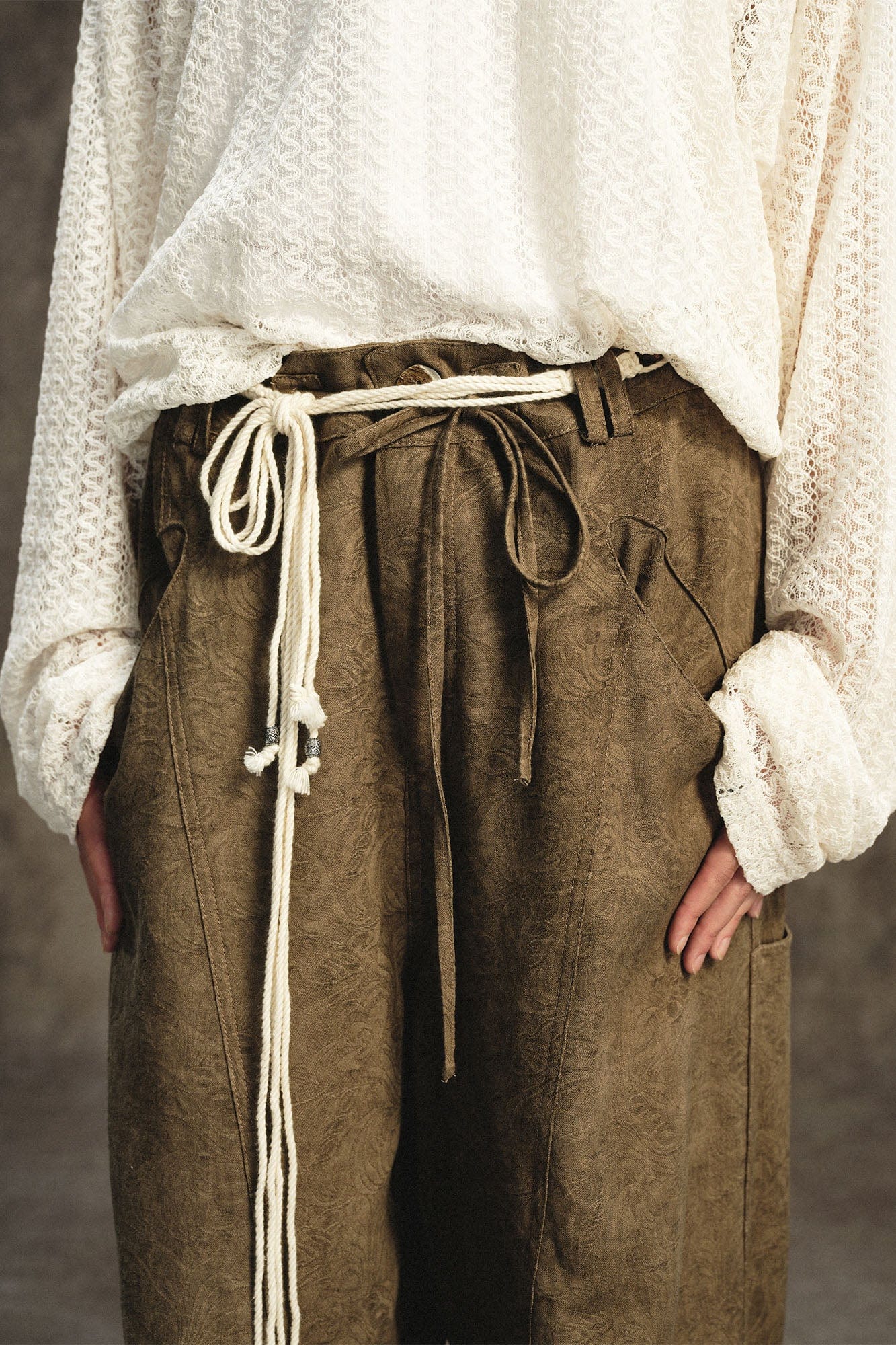 GONGHE REPUB Acanthus Linen Drawstring Pleated Wide-Leg Trousers, premium urban and streetwear designers apparel on PROJECTISR.com, GONGHE REPUB