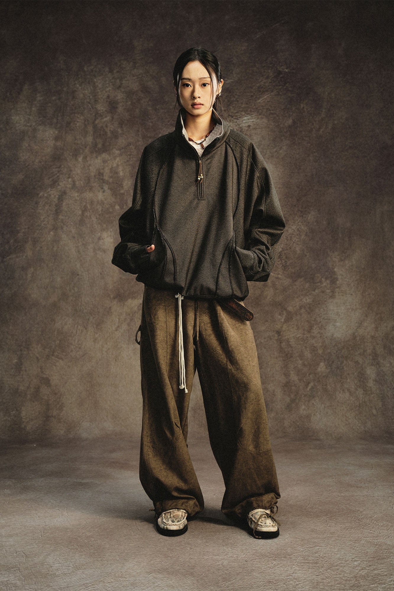 GONGHE REPUB Acanthus Linen Drawstring Pleated Wide-Leg Trousers, premium urban and streetwear designers apparel on PROJECTISR.com, GONGHE REPUB