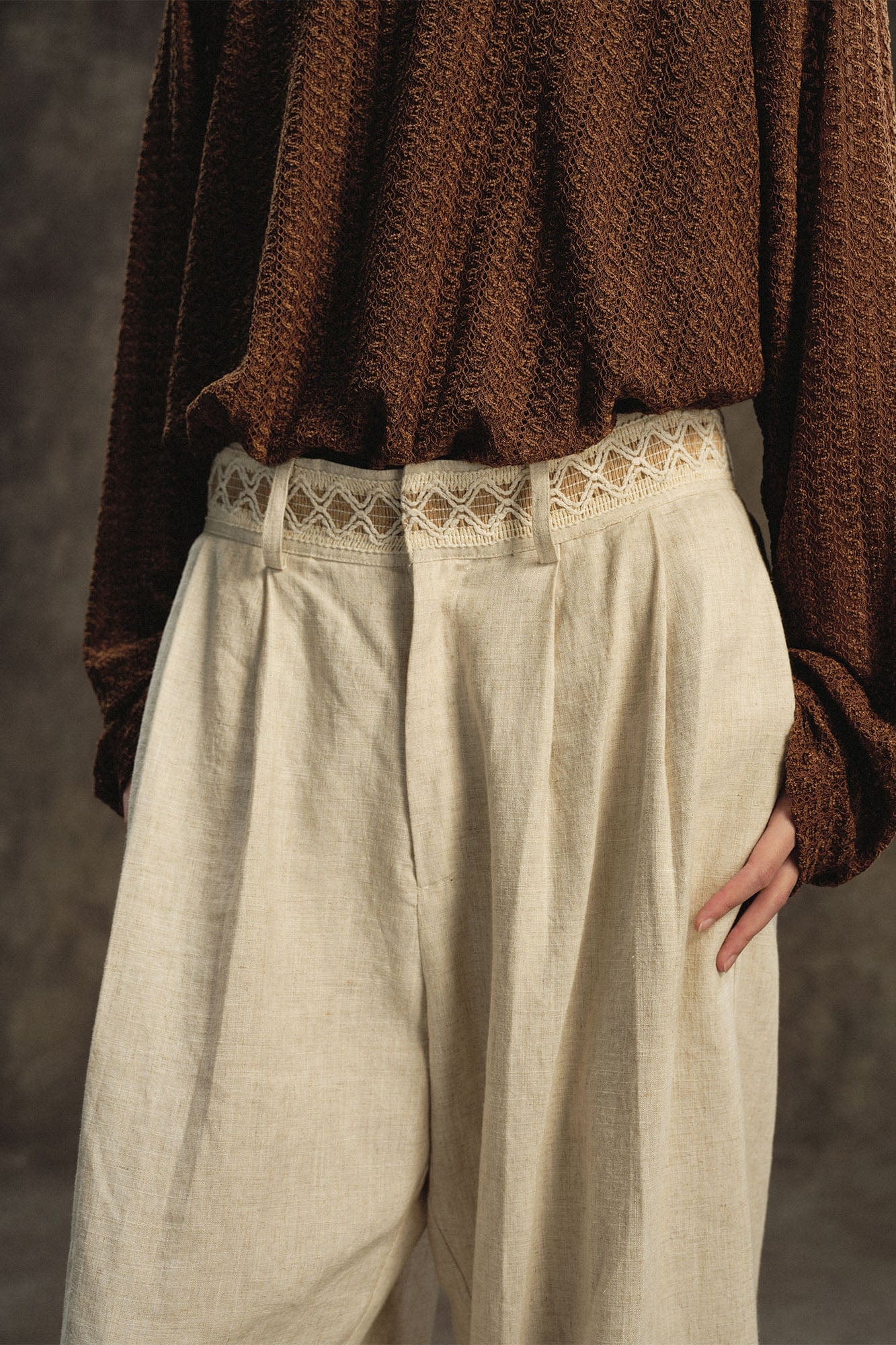 GONGHE REPUB Lattice Waistband Tencel Wide-Leg Pants, premium urban and streetwear designers apparel on PROJECTISR.com, GONGHE REPUB