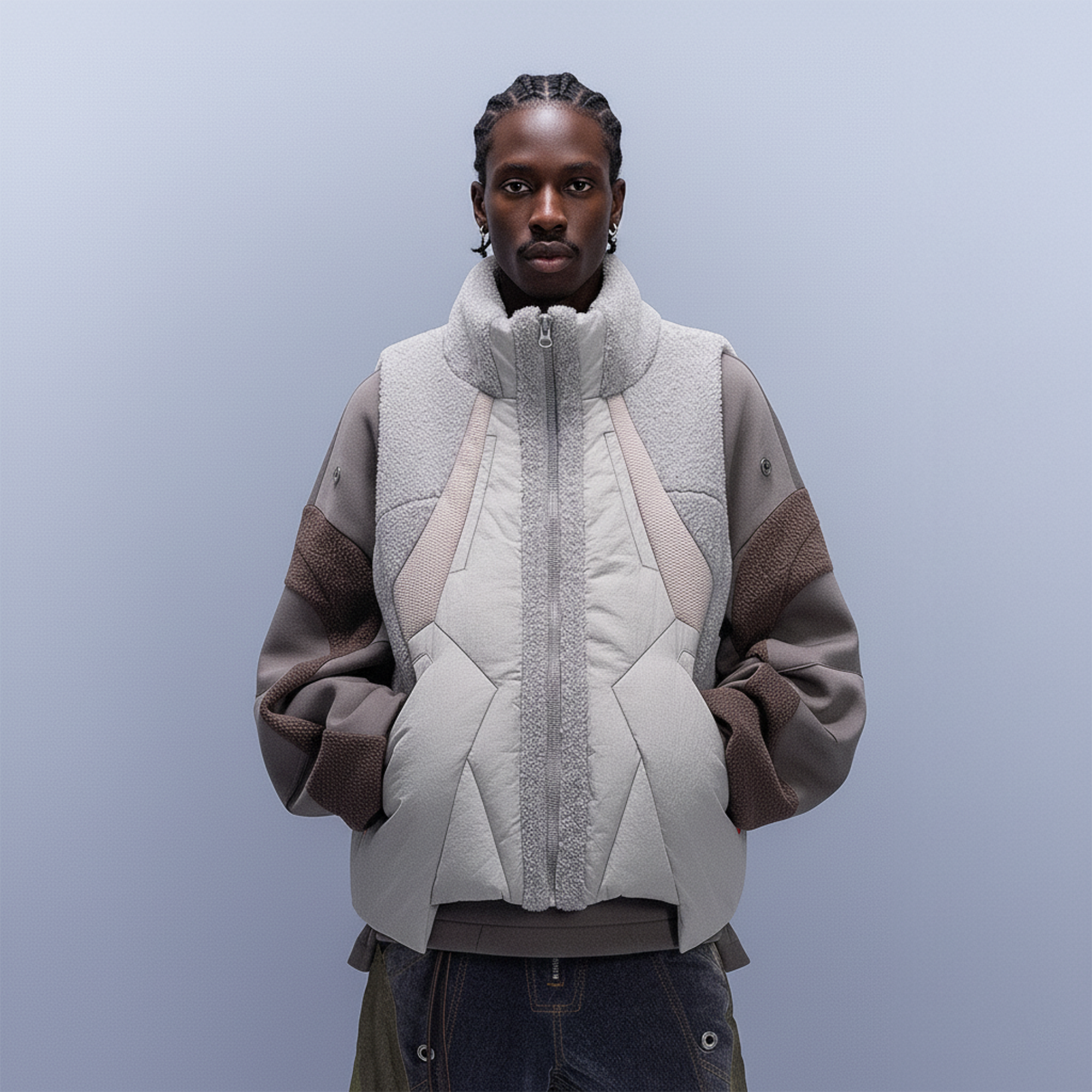 XIPHEVIL High-Neck Fleece-Panel Vest Light Gray