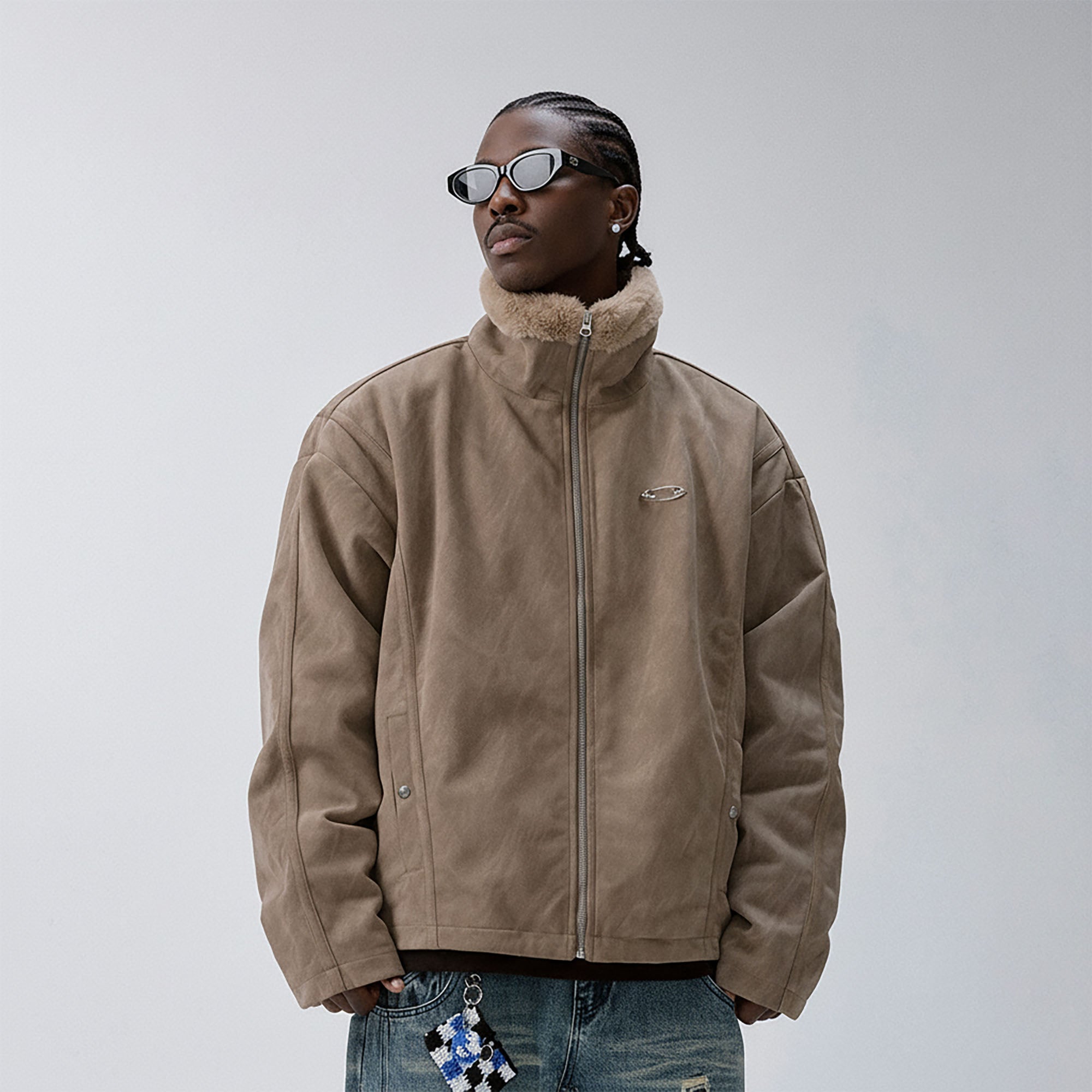 F2CE Aged Suede Faux Fur High-Collar Jacket