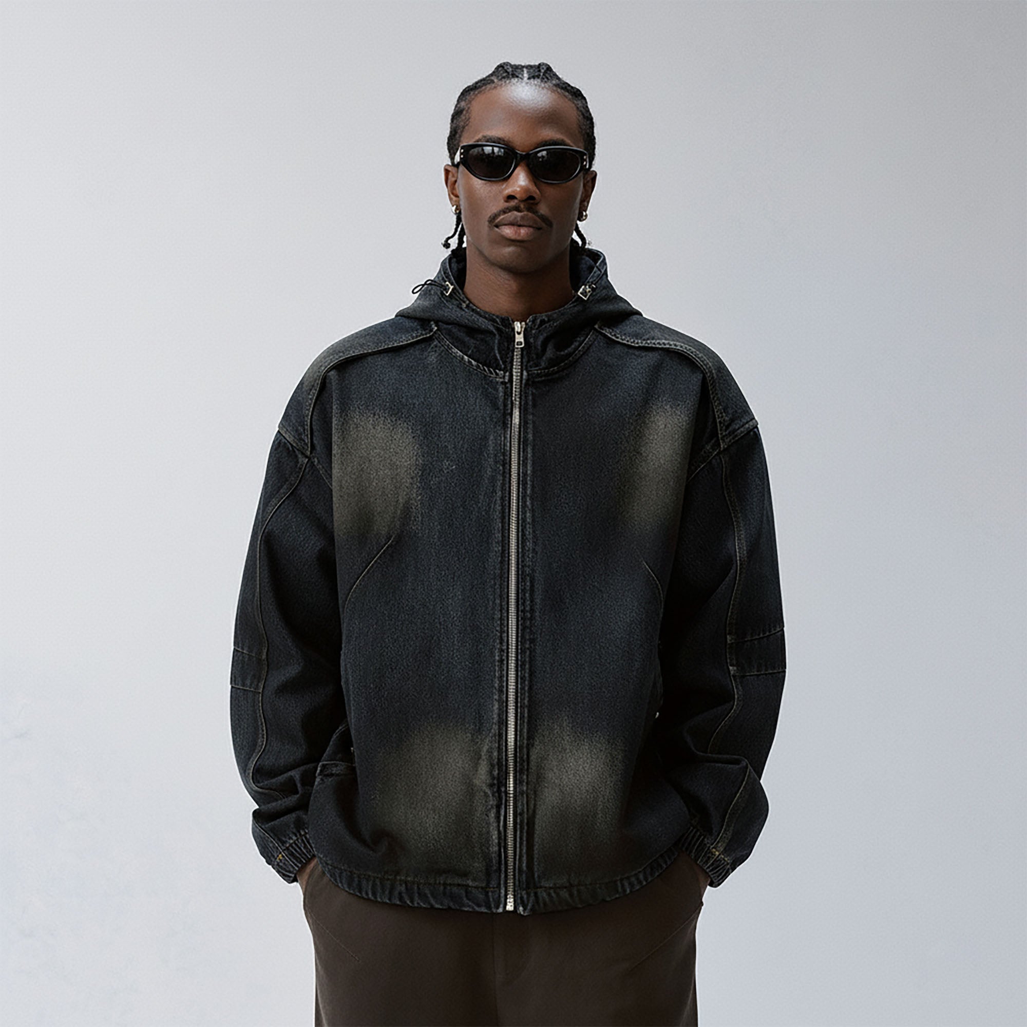 F2CE Washed Paneled Denim Hooded Jacket