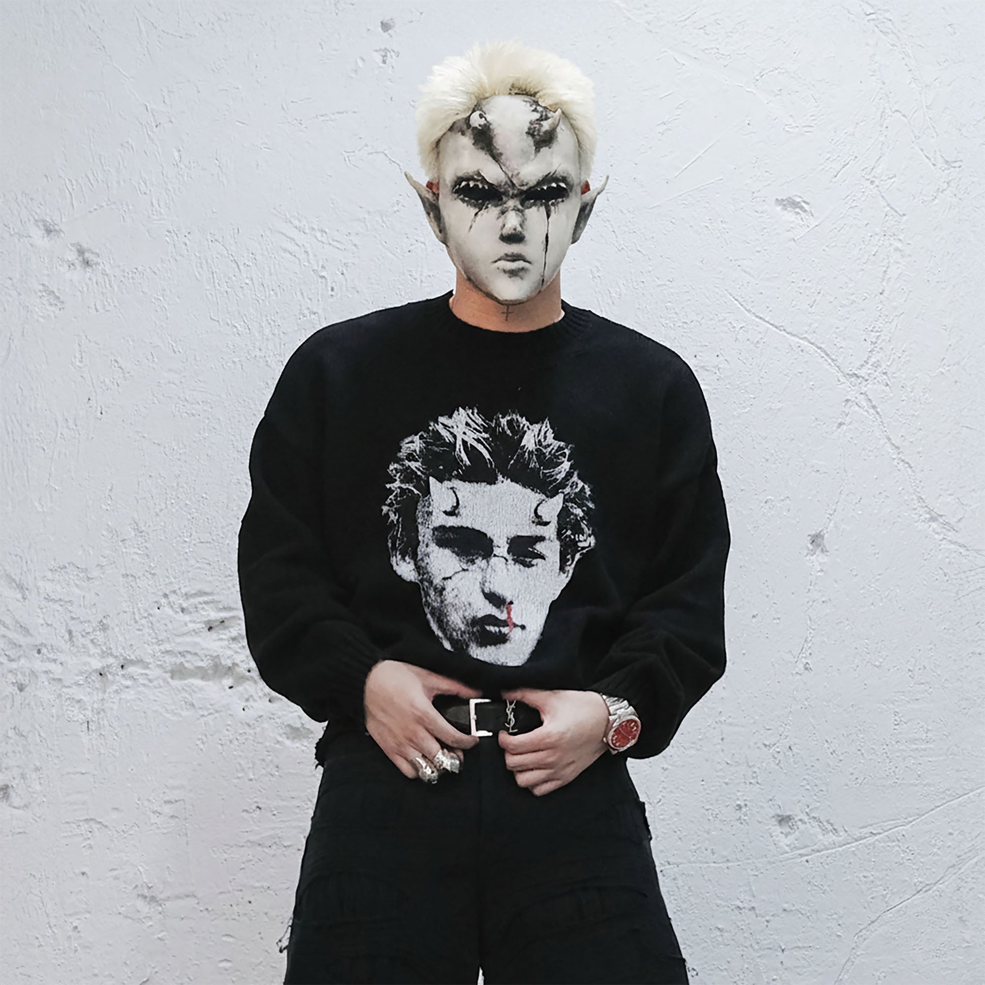 UNDERWATER Demon Portrait Distressed Sweater