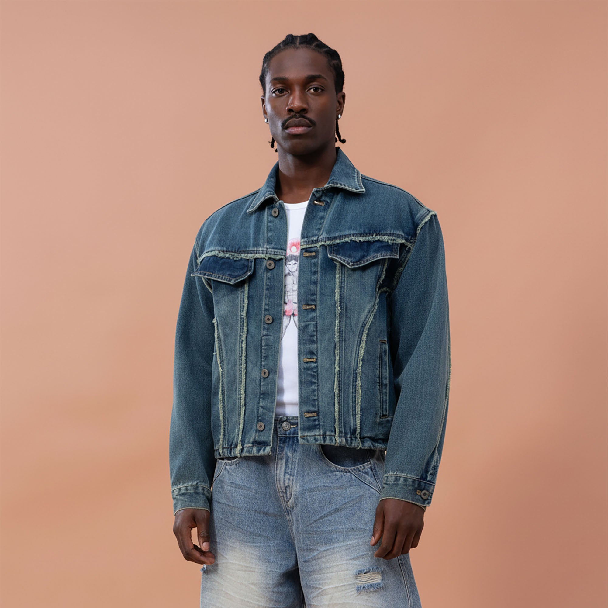 CLP Frayed Paneled Washed Denim Jacket, premium urban and streetwear designers apparel on PROJECTISR.com, CLP