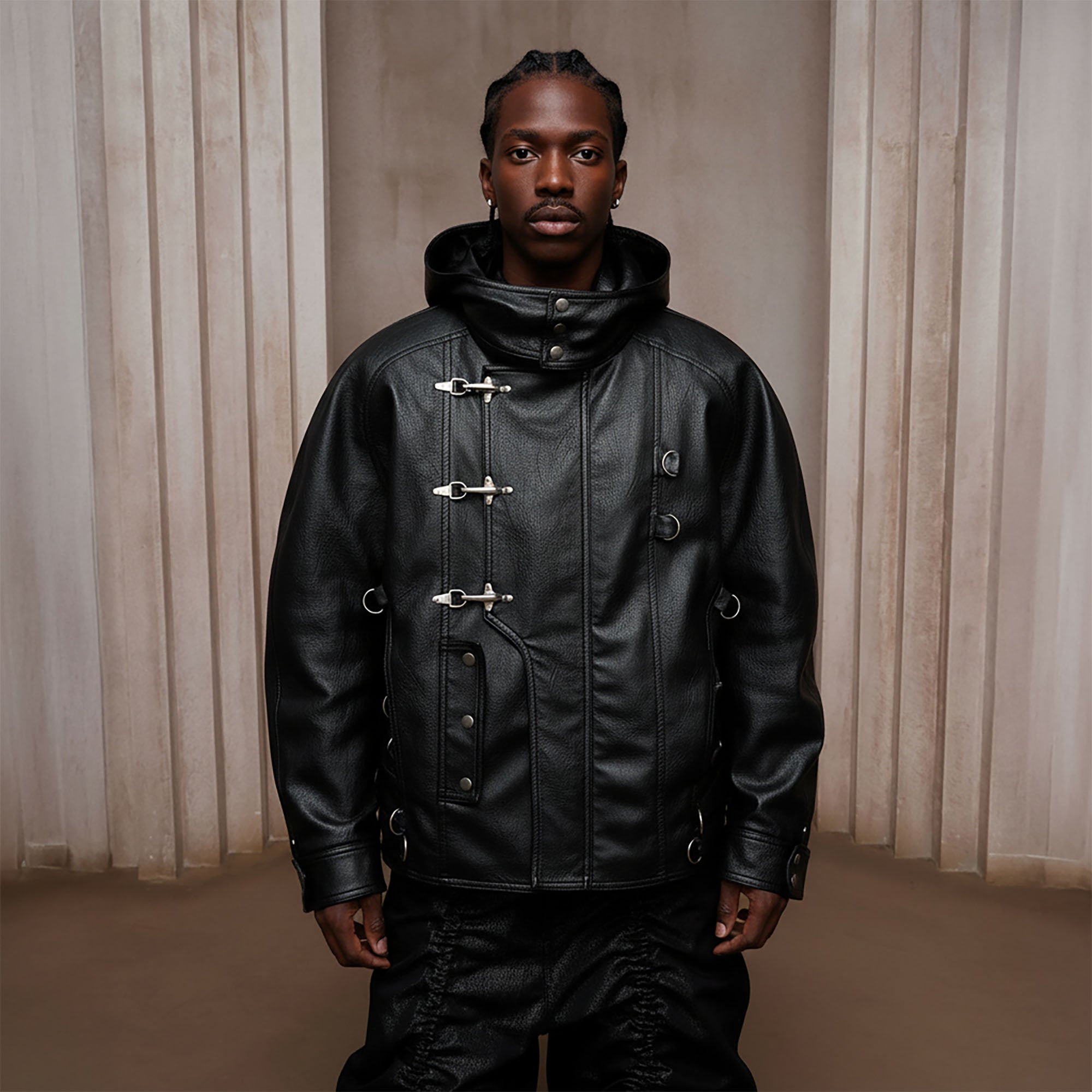 DND4DES Retro Buckle Faux Leather Hooded Jacket