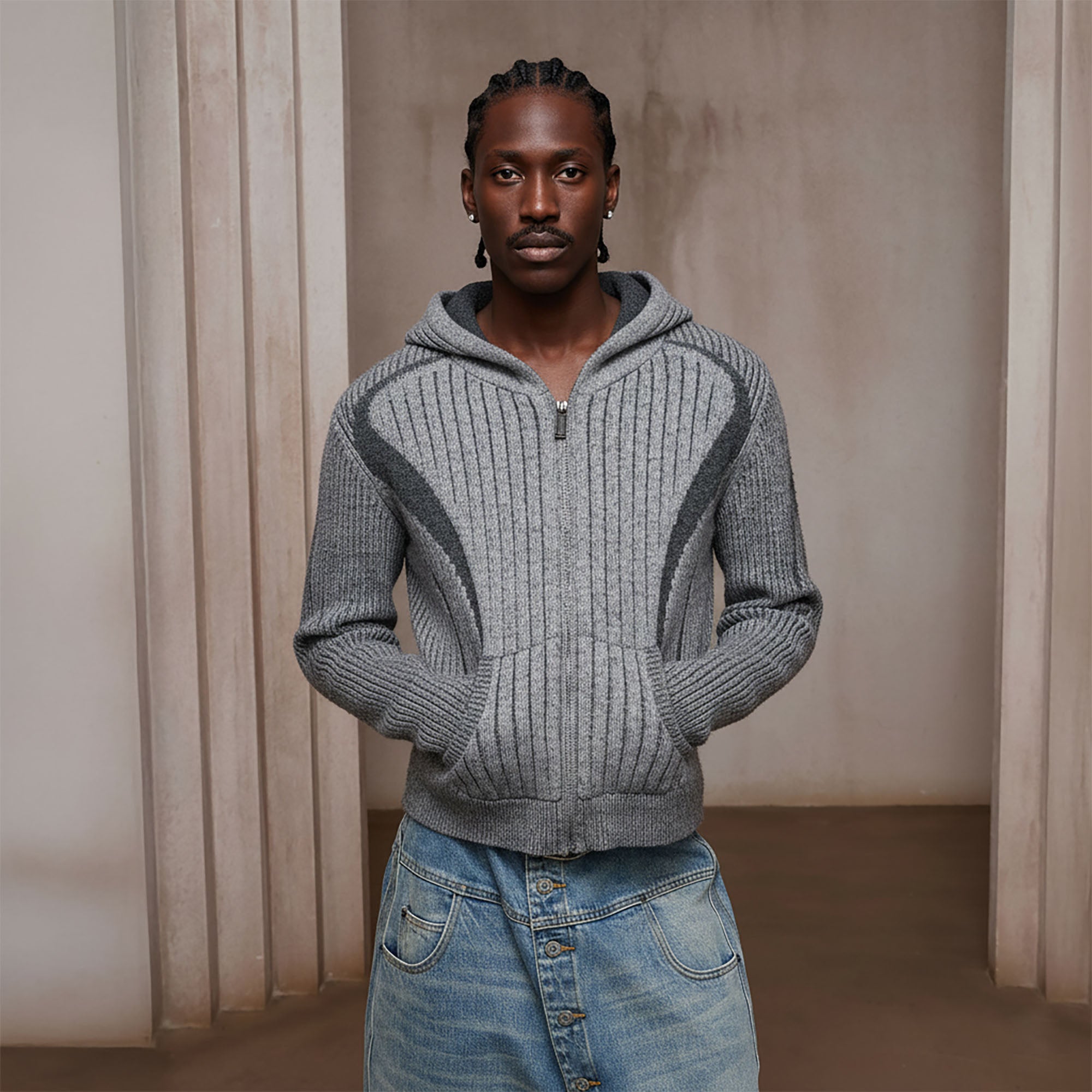 DND4DES Contrast Wool-Blend Hooded Zip Cardigan