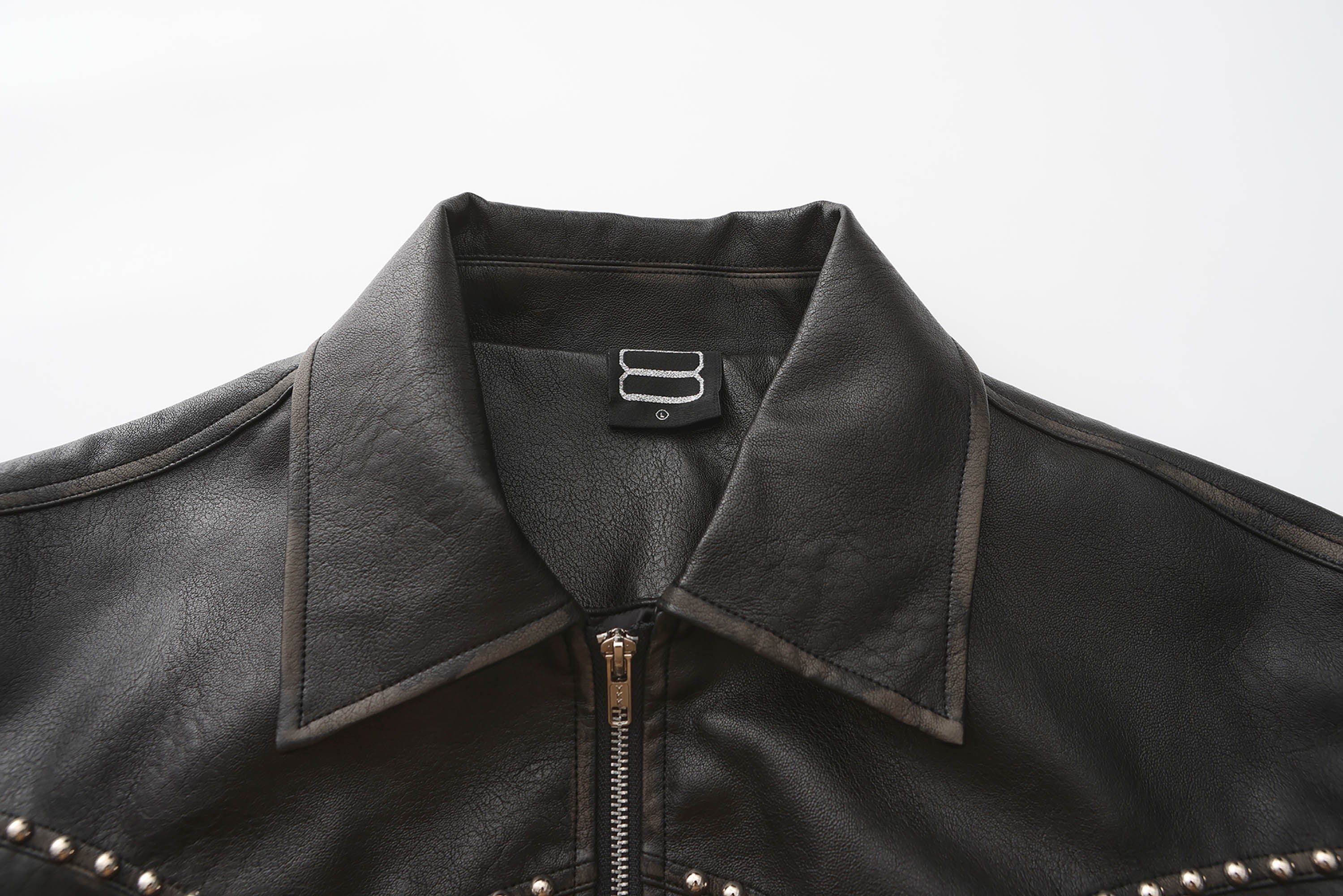BLACK8MOB Distressed Graphics Faded Studded Leather Jacket, premium urban and streetwear designers apparel on PROJECTISR.com, BLACK8MOB