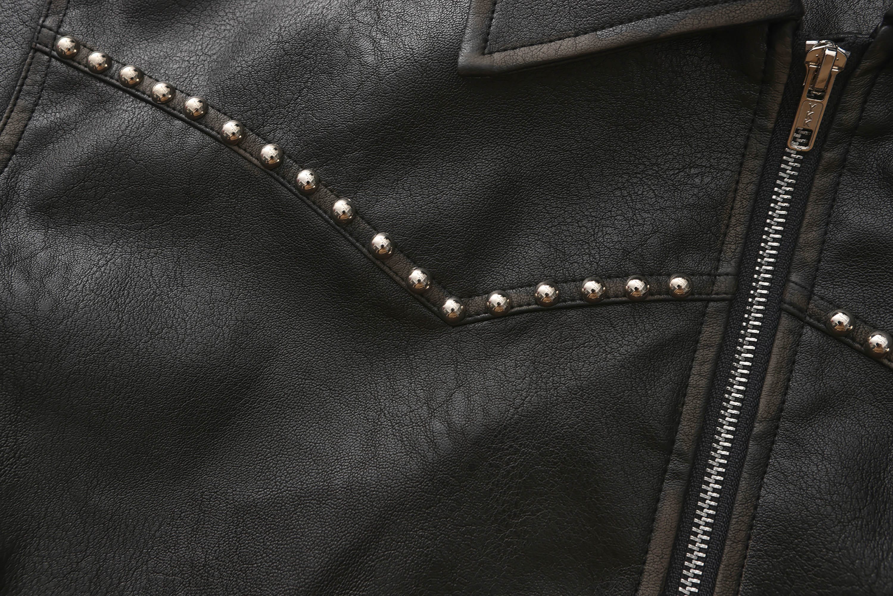 BLACK8MOB Distressed Graphics Faded Studded Leather Jacket, premium urban and streetwear designers apparel on PROJECTISR.com, BLACK8MOB