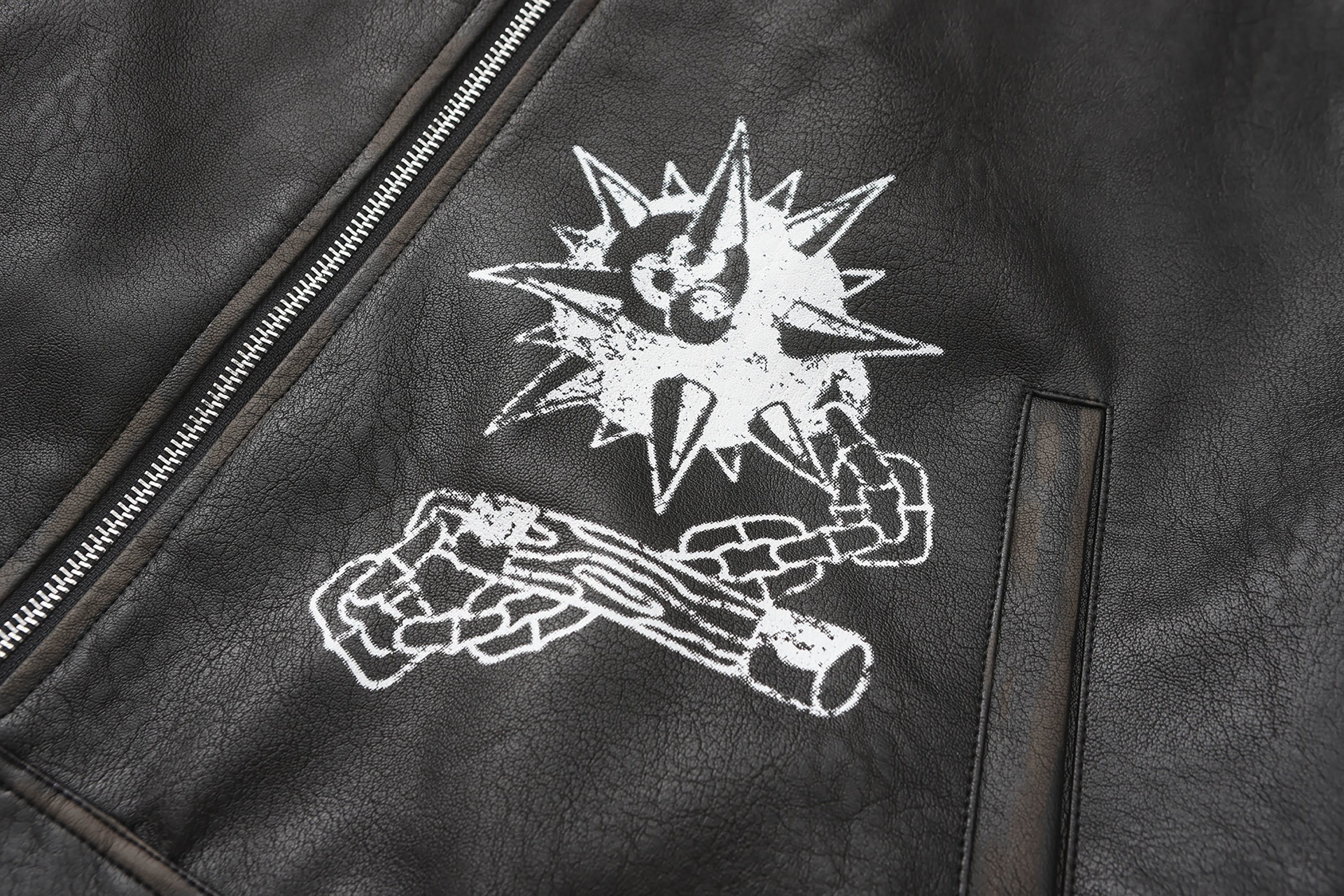 BLACK8MOB Distressed Graphics Faded Studded Leather Jacket, premium urban and streetwear designers apparel on PROJECTISR.com, BLACK8MOB