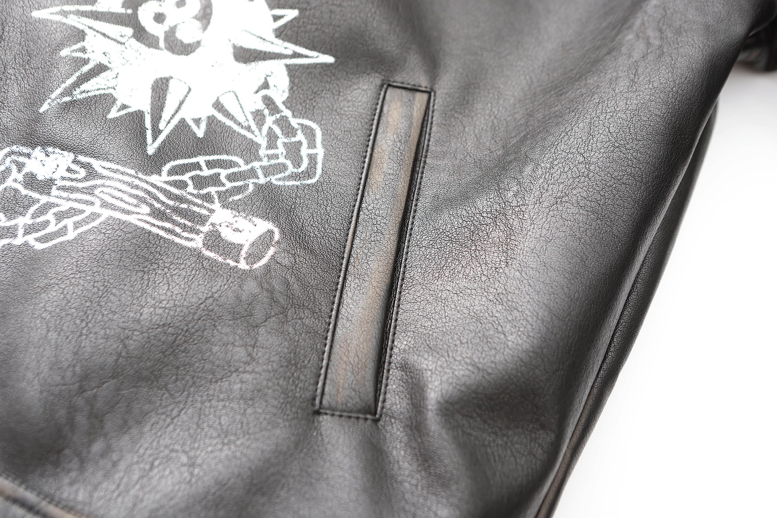 BLACK8MOB Distressed Graphics Faded Studded Leather Jacket, premium urban and streetwear designers apparel on PROJECTISR.com, BLACK8MOB